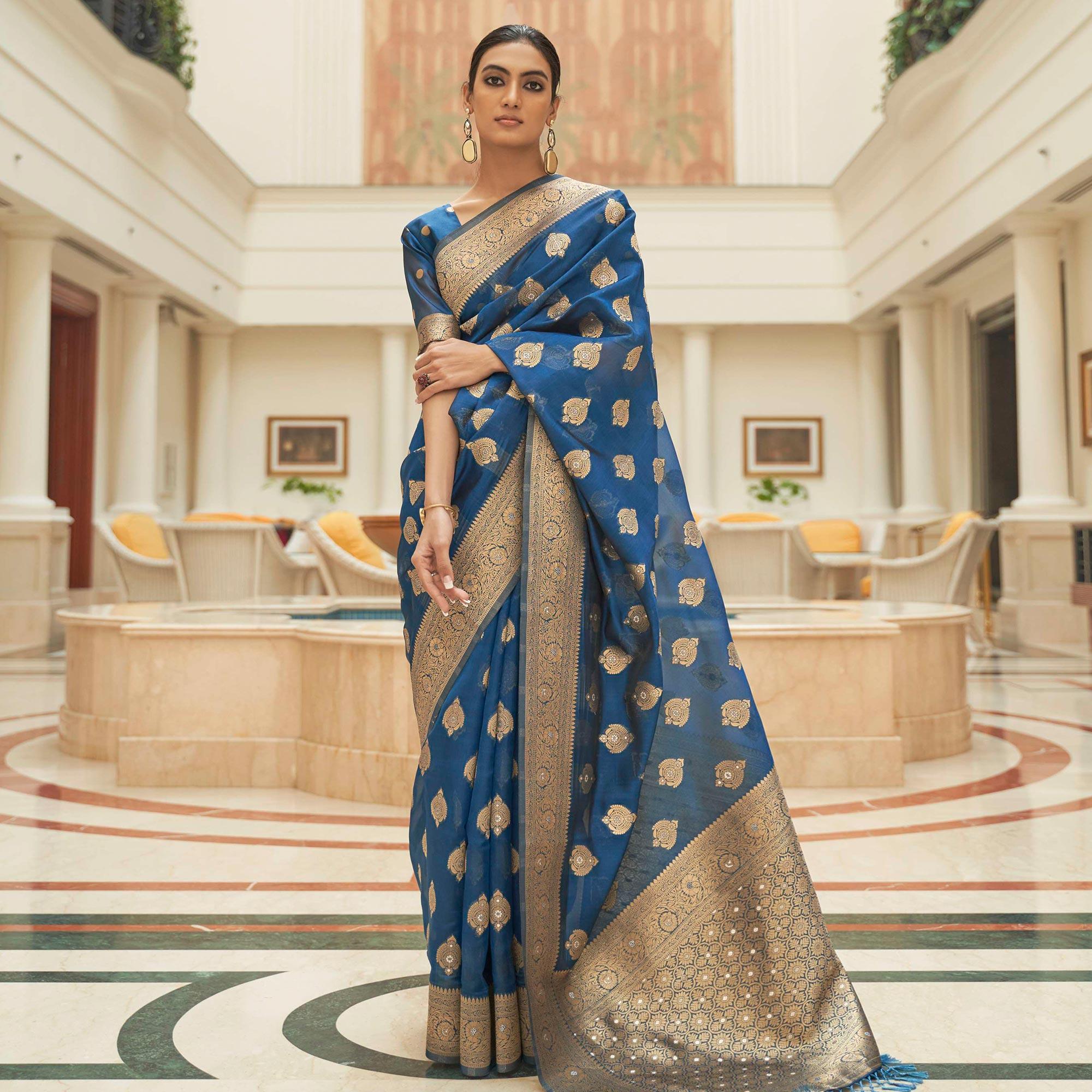 Blue Festive Wear Zari Woven Organza Silk Saree With Tassels - Peachmode