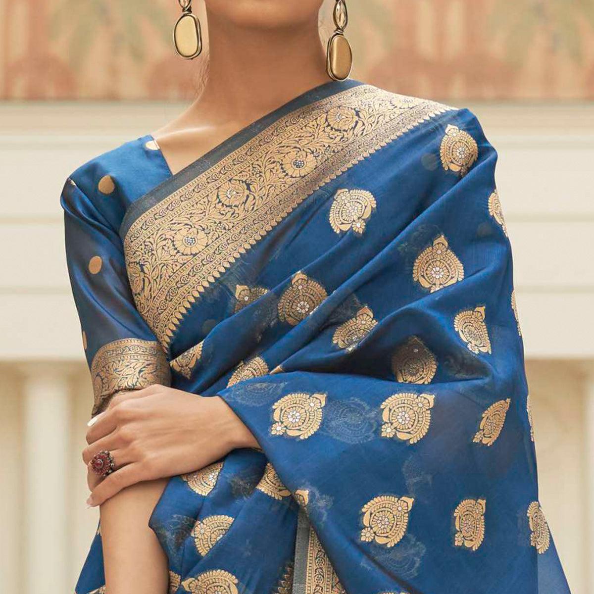 Blue Festive Wear Zari Woven Organza Silk Saree With Tassels - Peachmode
