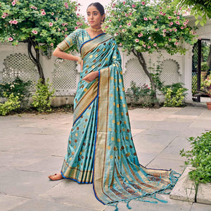 Blue Festive Wear Zari Woven Soft Ghichaa Silk Saree - Peachmode
