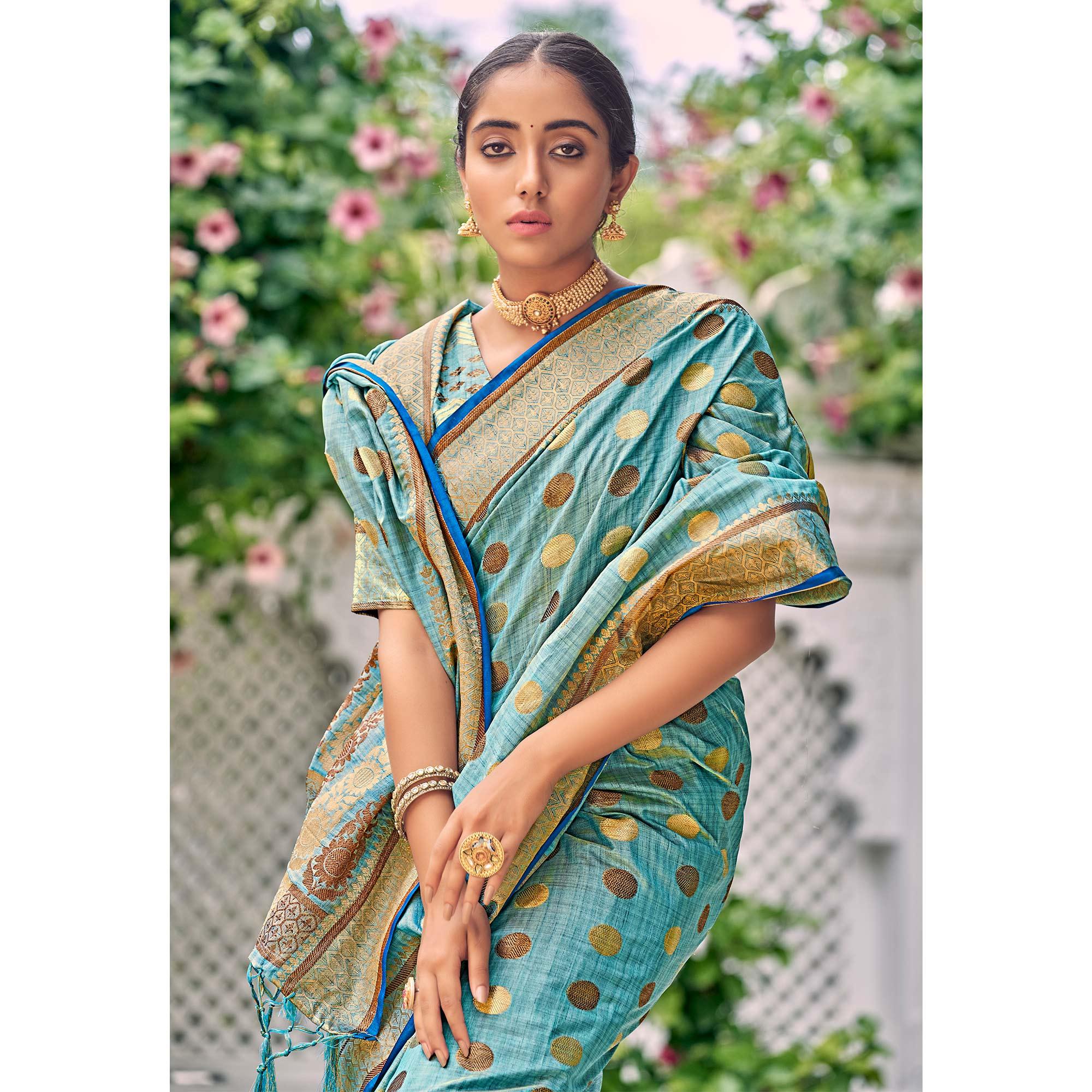 Blue Festive Wear Zari Woven Soft Ghichaa Silk Saree - Peachmode