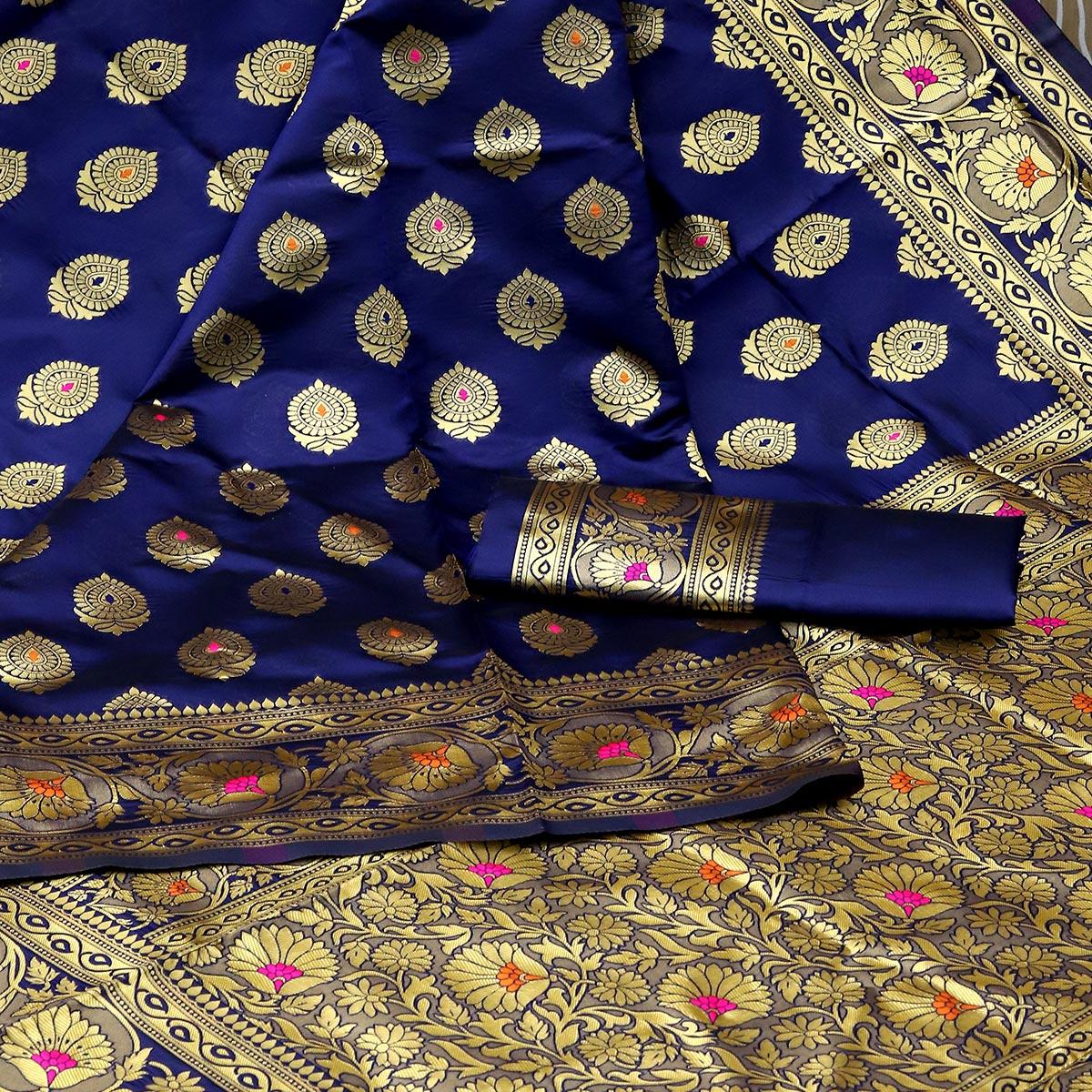 Blue Festive Woven Banarasi Art Silk Saree - Peachmode