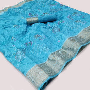 Blue Floral And Geometric Printed Dola Silk Saree - Peachmode