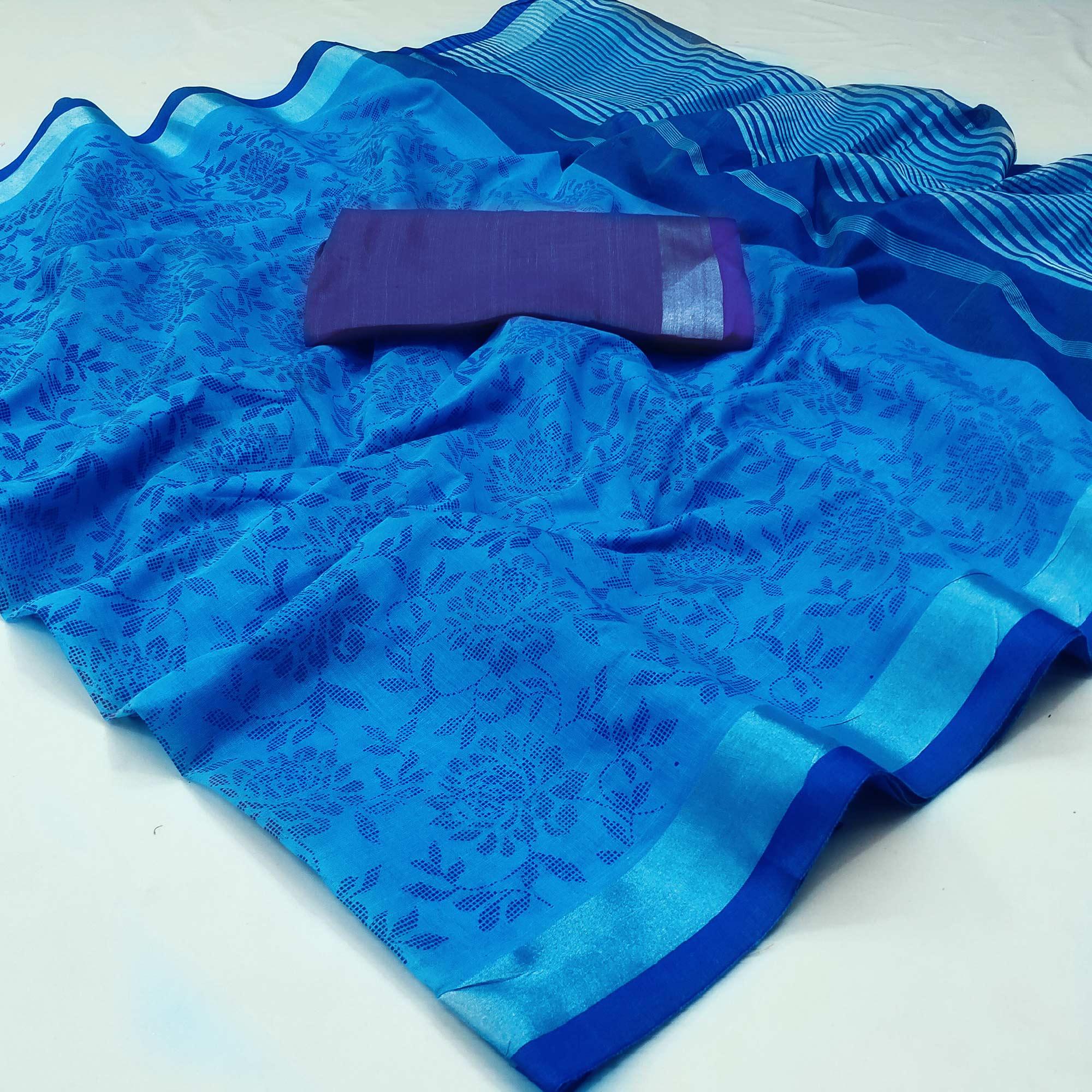 Blue Floral Block Printed Chanderi Saree - Peachmode