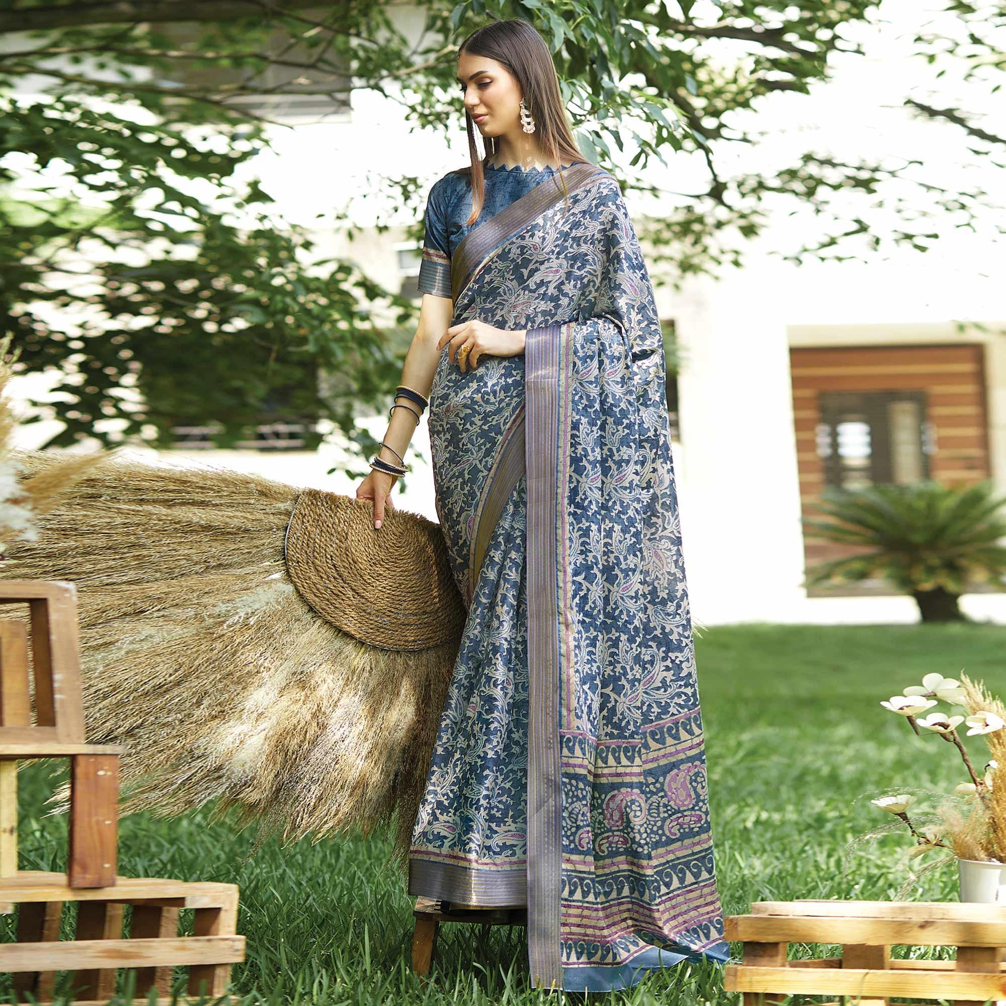 Blue Floral Digital Printed Art Silk Saree - Peachmode