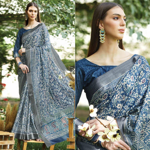 Blue Floral Digital Printed Art Silk Saree - Peachmode