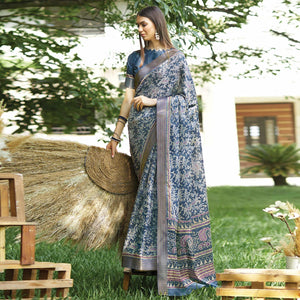 Blue Floral Digital Printed Art Silk Saree - Peachmode