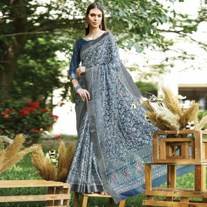 Blue Floral Digital Printed Art Silk Saree - Peachmode