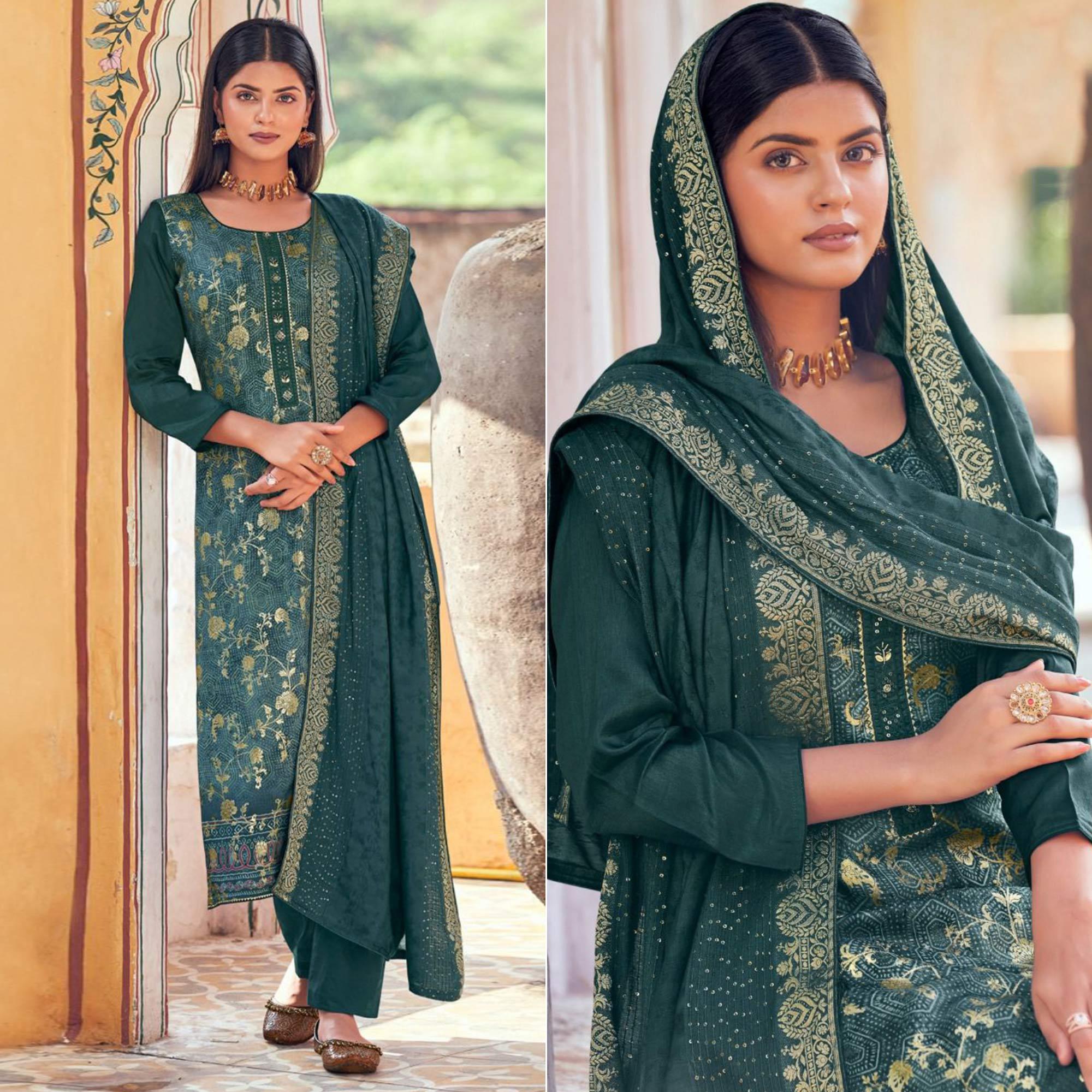 Blue Floral Digital Printed Dola Silk Salwar Suit - Peachmode