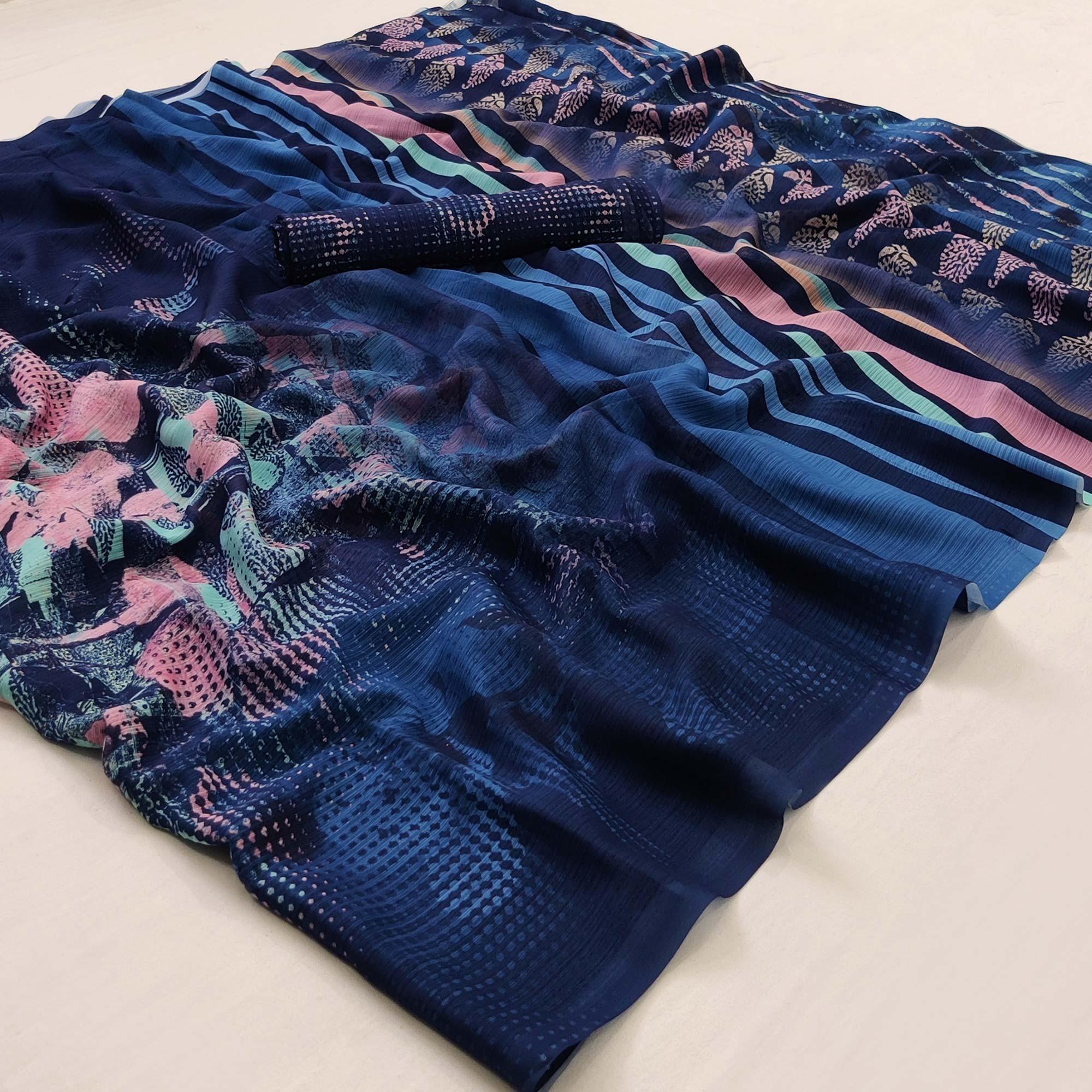 Blue Floral Digital Printed Georgette Saree - Peachmode