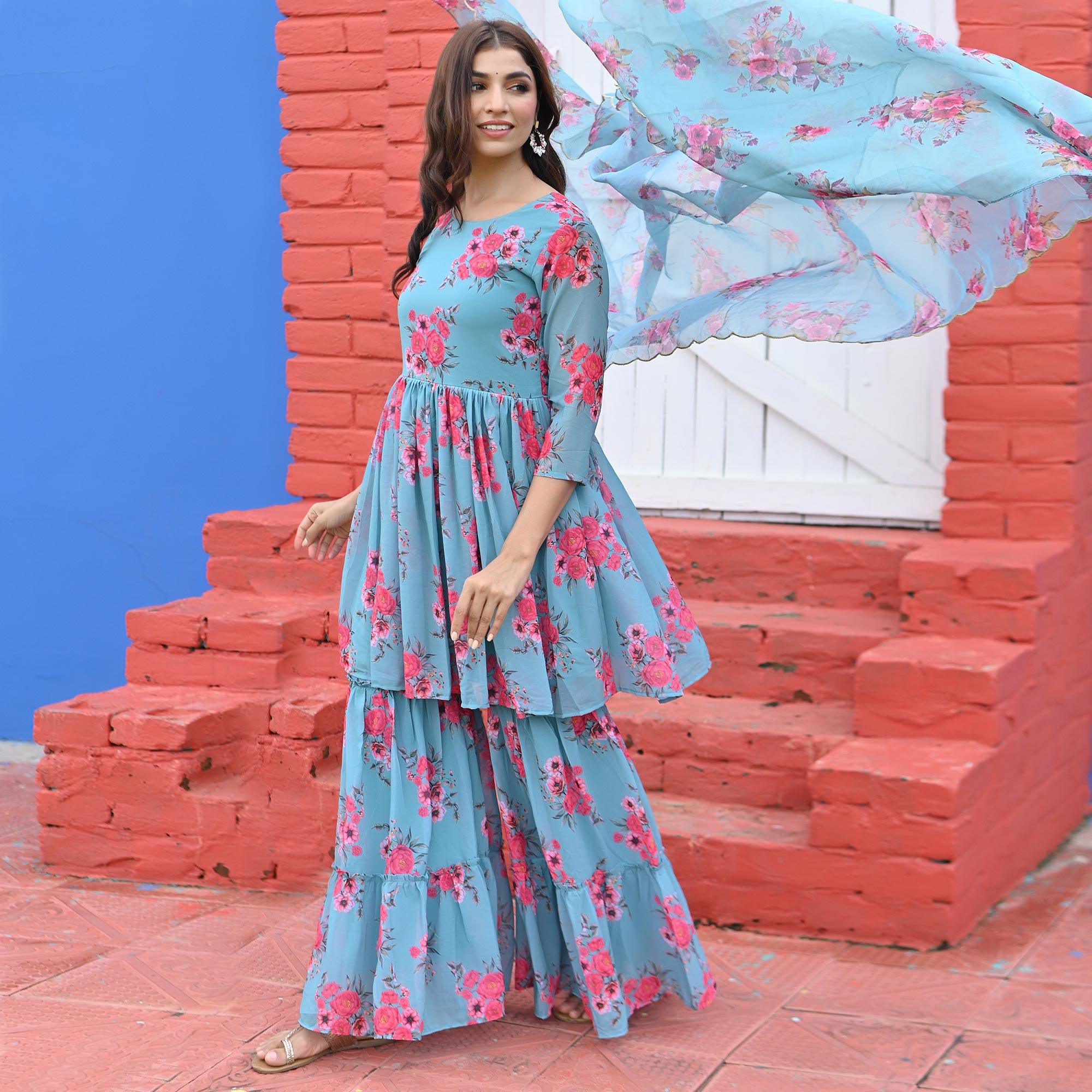 Blue Floral Digital Printed Georgette Sharara Suit - Peachmode