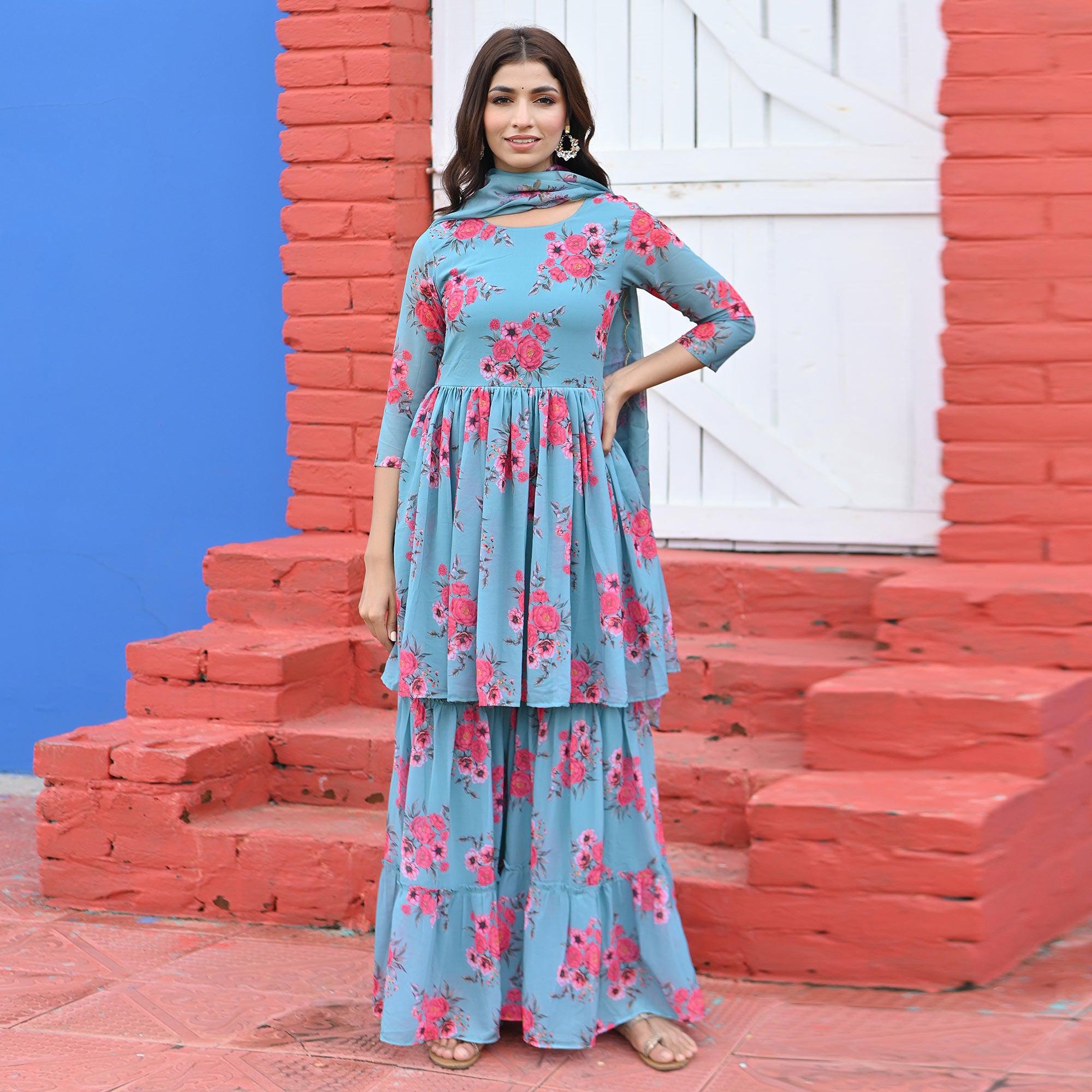 Blue Floral Digital Printed Georgette Sharara Suit - Peachmode