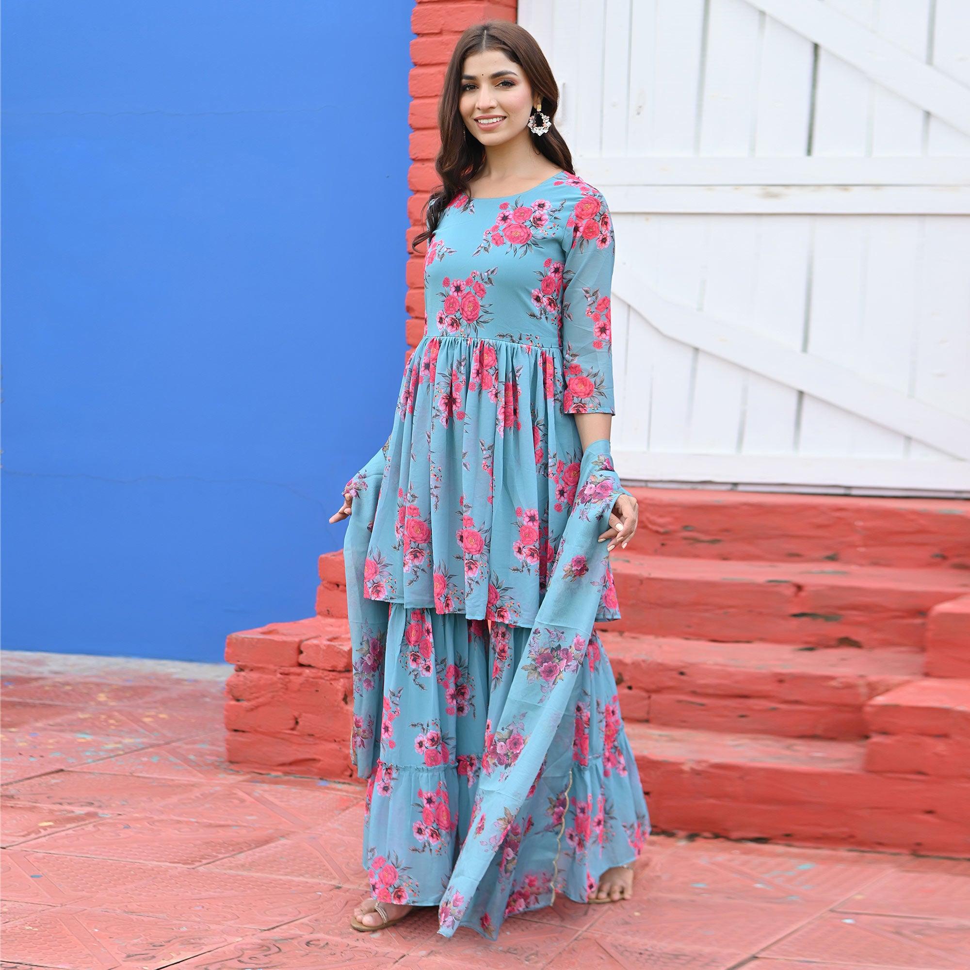 Blue Floral Digital Printed Georgette Sharara Suit - Peachmode