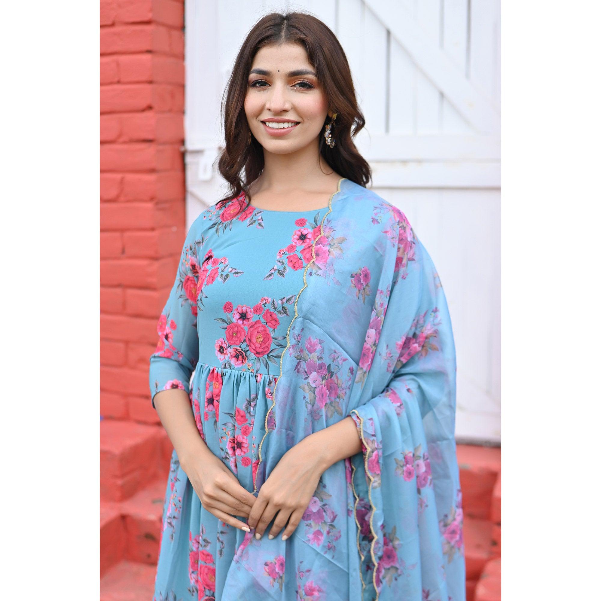 Blue Floral Digital Printed Georgette Sharara Suit - Peachmode