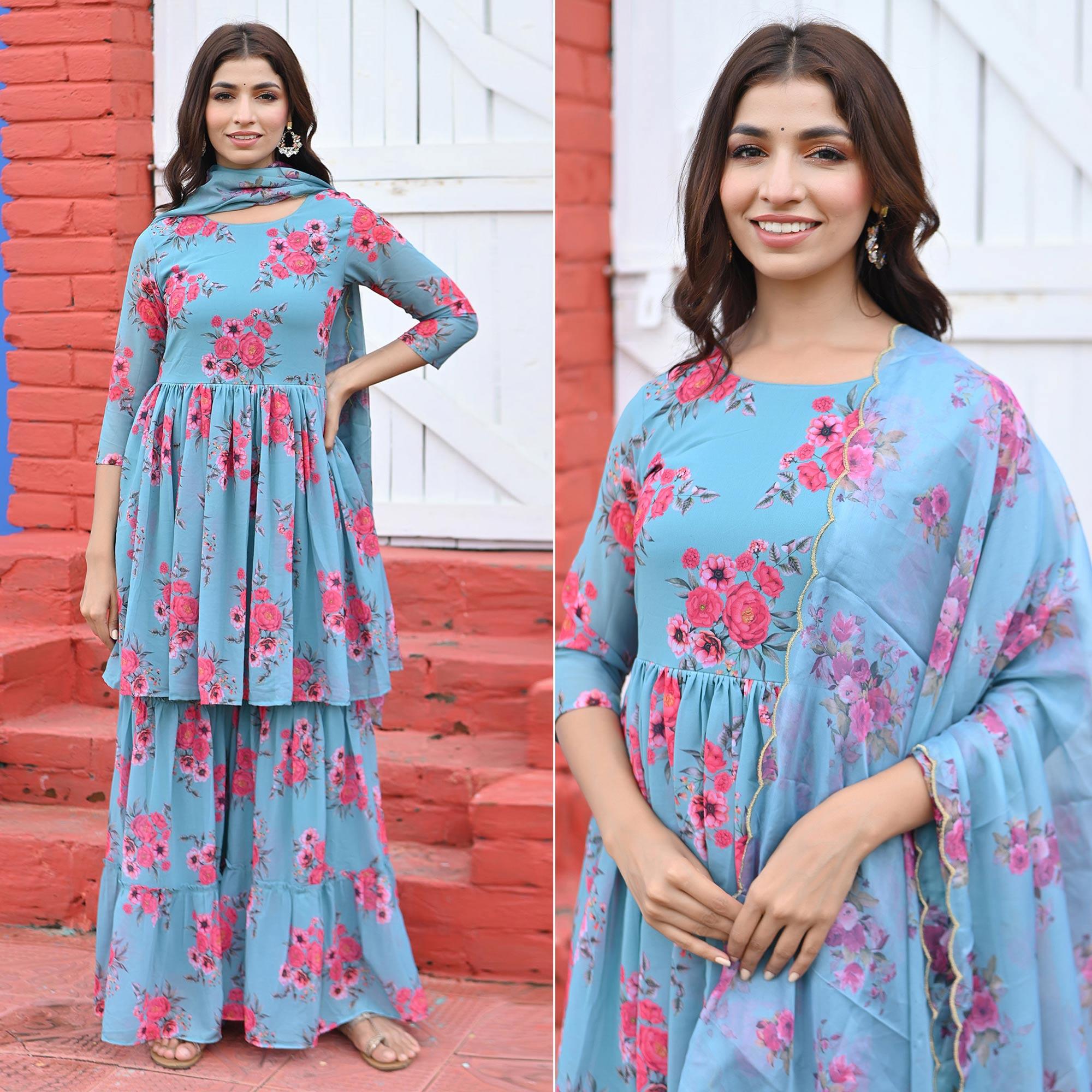 Blue Floral Digital Printed Georgette Sharara Suit - Peachmode