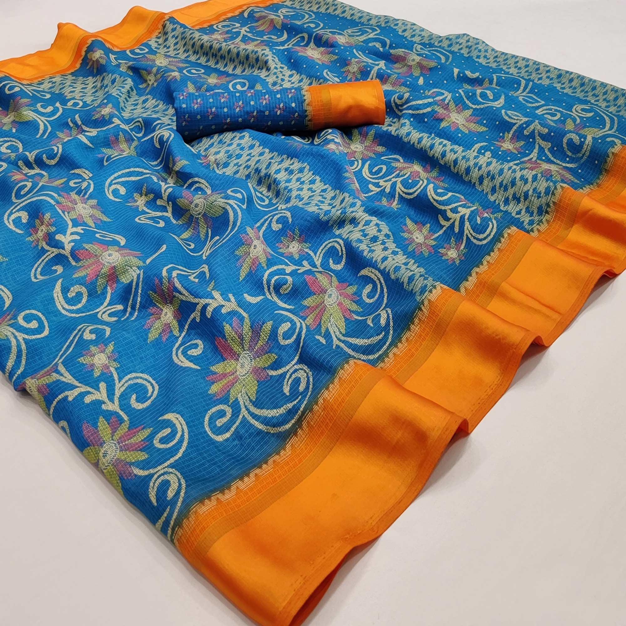 Blue Floral Digital Printed Kota Doria Saree - Peachmode