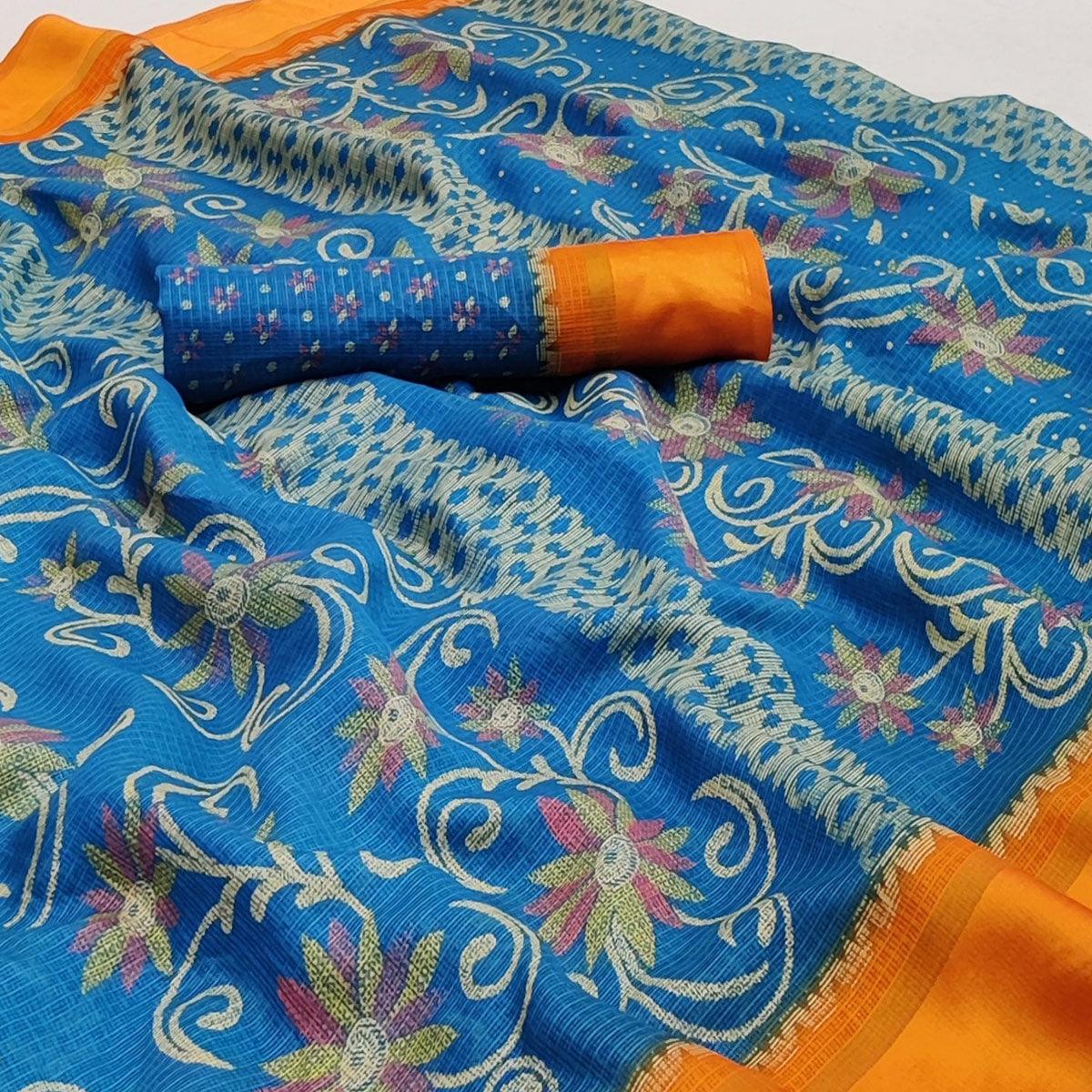 Blue Floral Digital Printed Kota Doria Saree - Peachmode