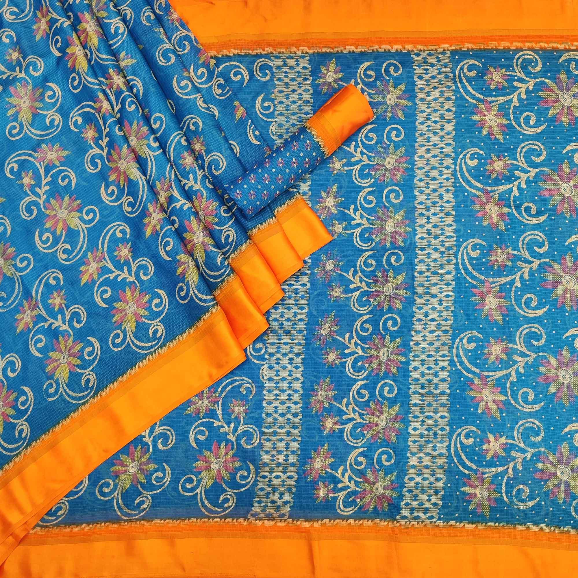 Blue Floral Digital Printed Kota Doria Saree - Peachmode