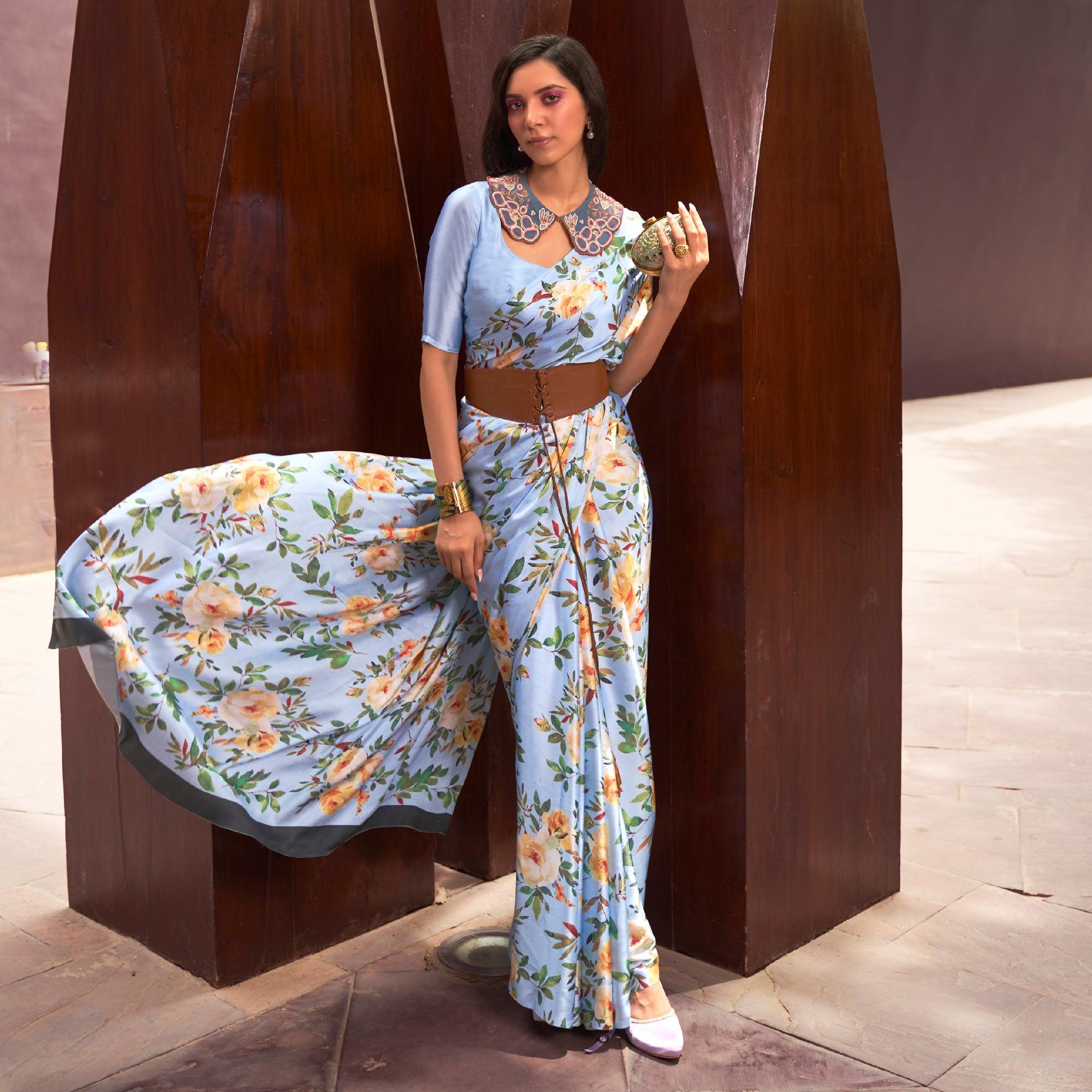 Blue Floral Digital Printed Satin Saree - Peachmode