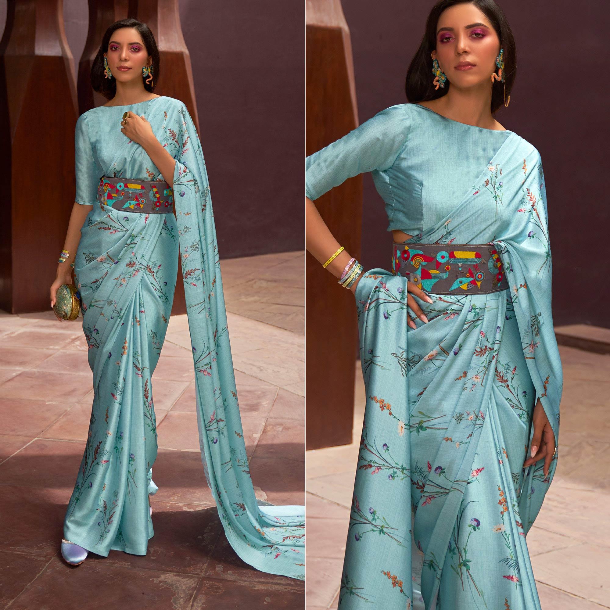 Blue Floral Digital Printed Satin Saree - Peachmode