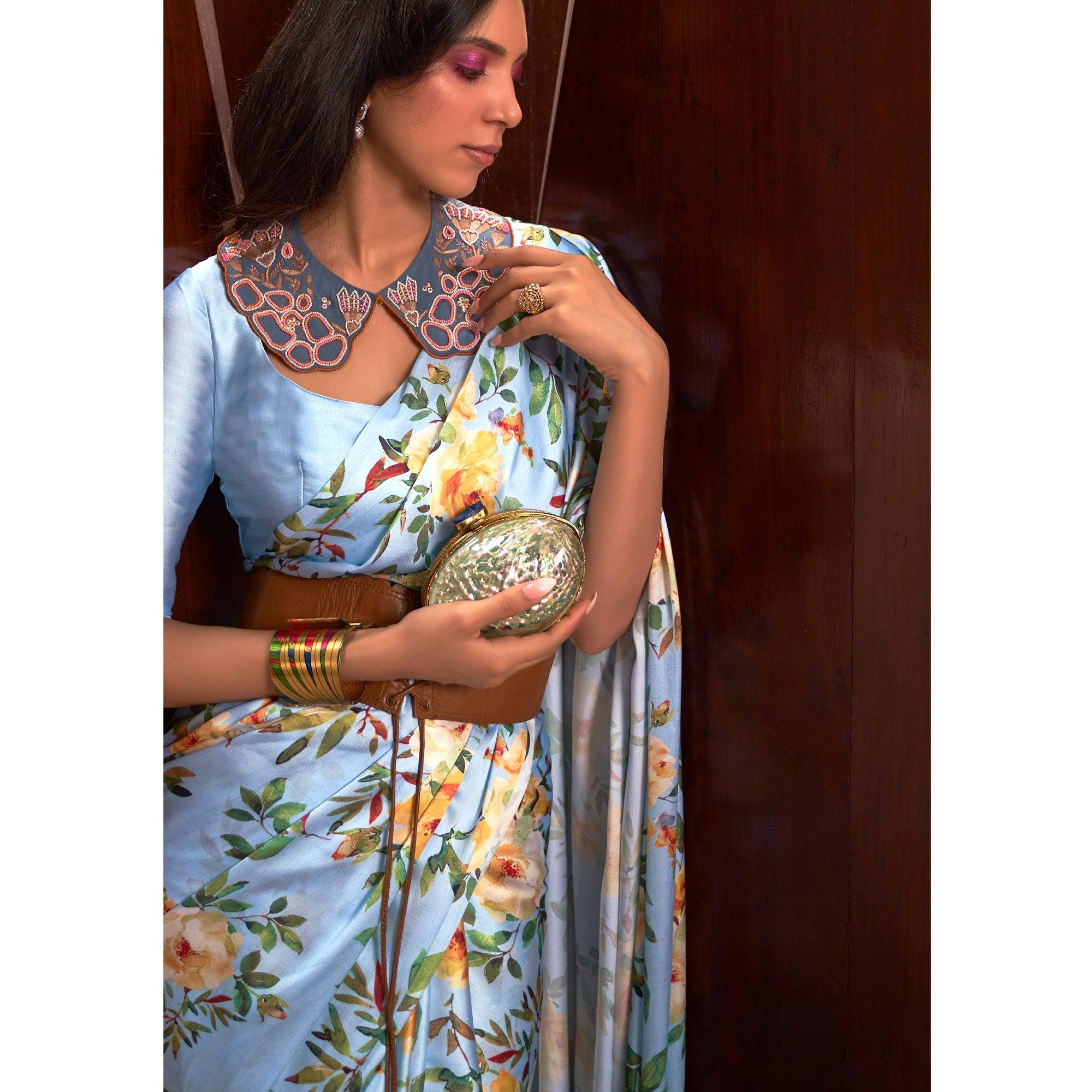 Blue Floral Digital Printed Satin Saree - Peachmode