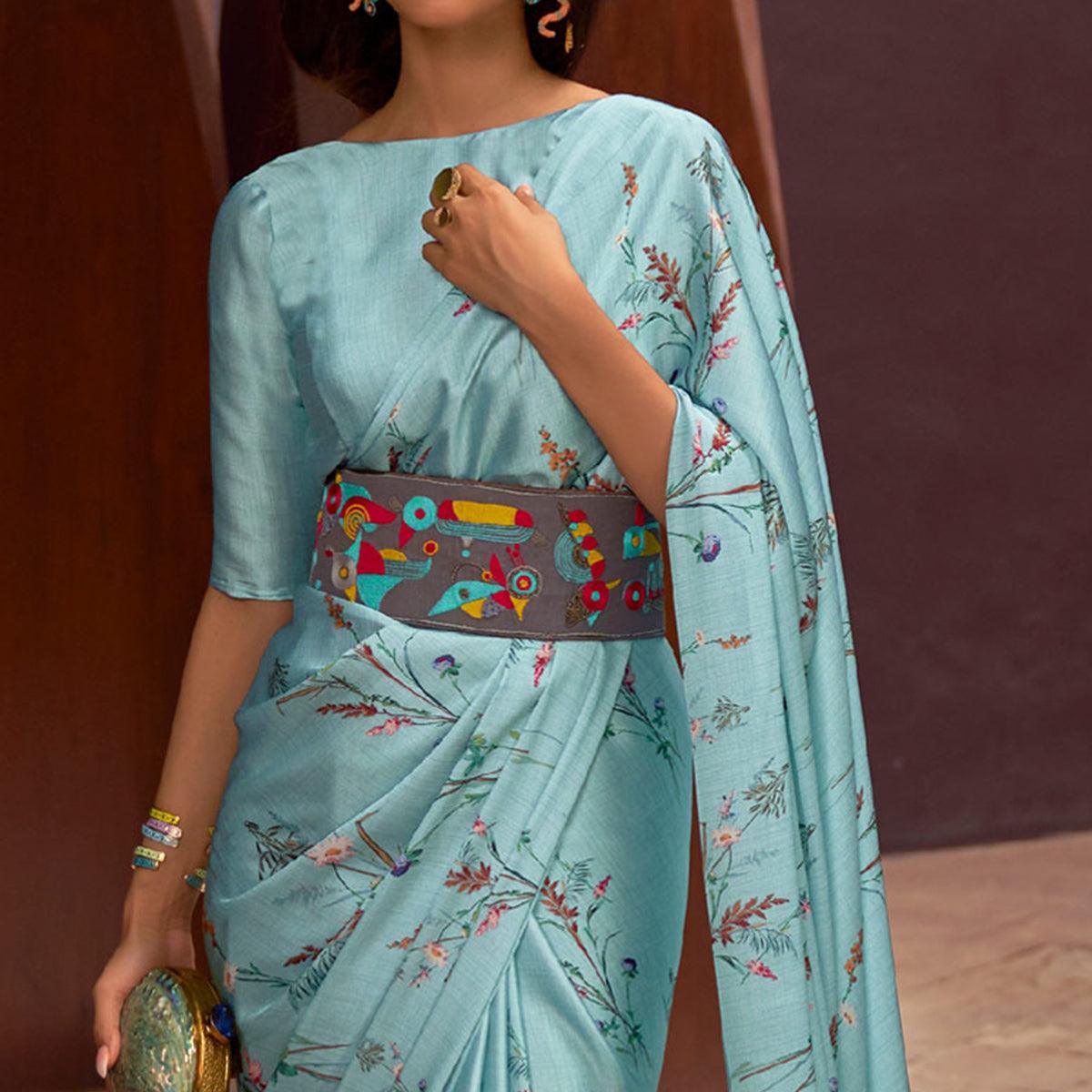 Blue Floral Digital Printed Satin Saree - Peachmode
