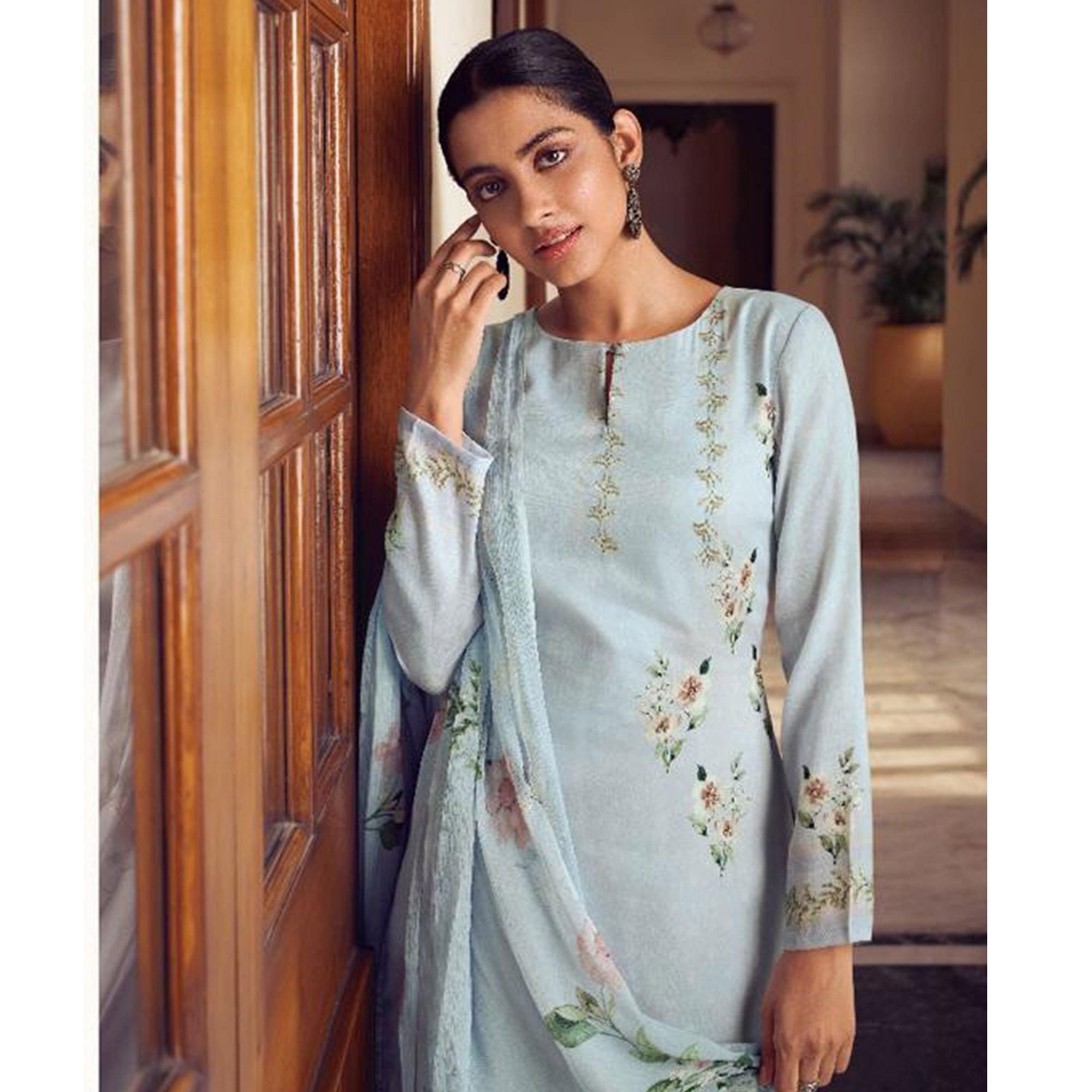 Blue Floral Digital Printed With Handwork Cambric Cotton Partywear Suit - Peachmode