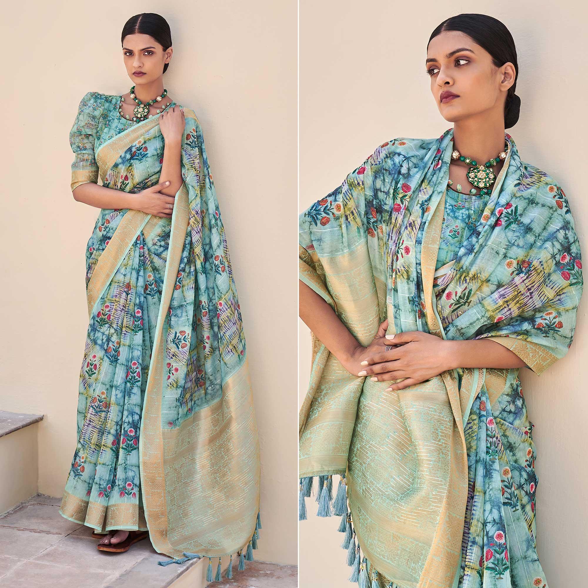 Blue Floral Digital Printed With Sequence Linen Saree - Peachmode