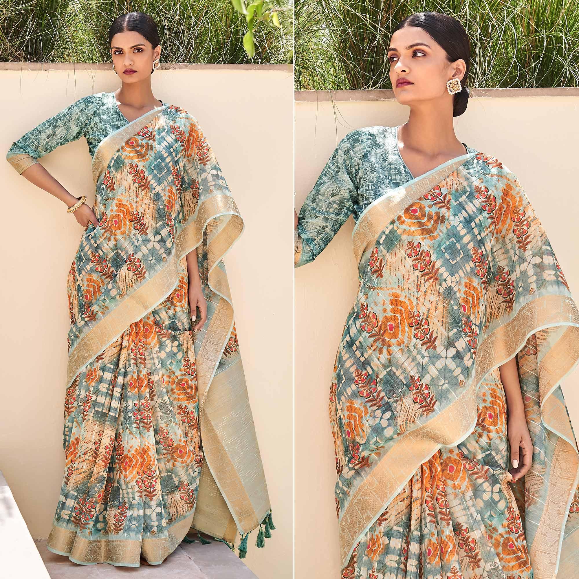 Blue Floral Digital Printed With Sequence Linen Saree - Peachmode