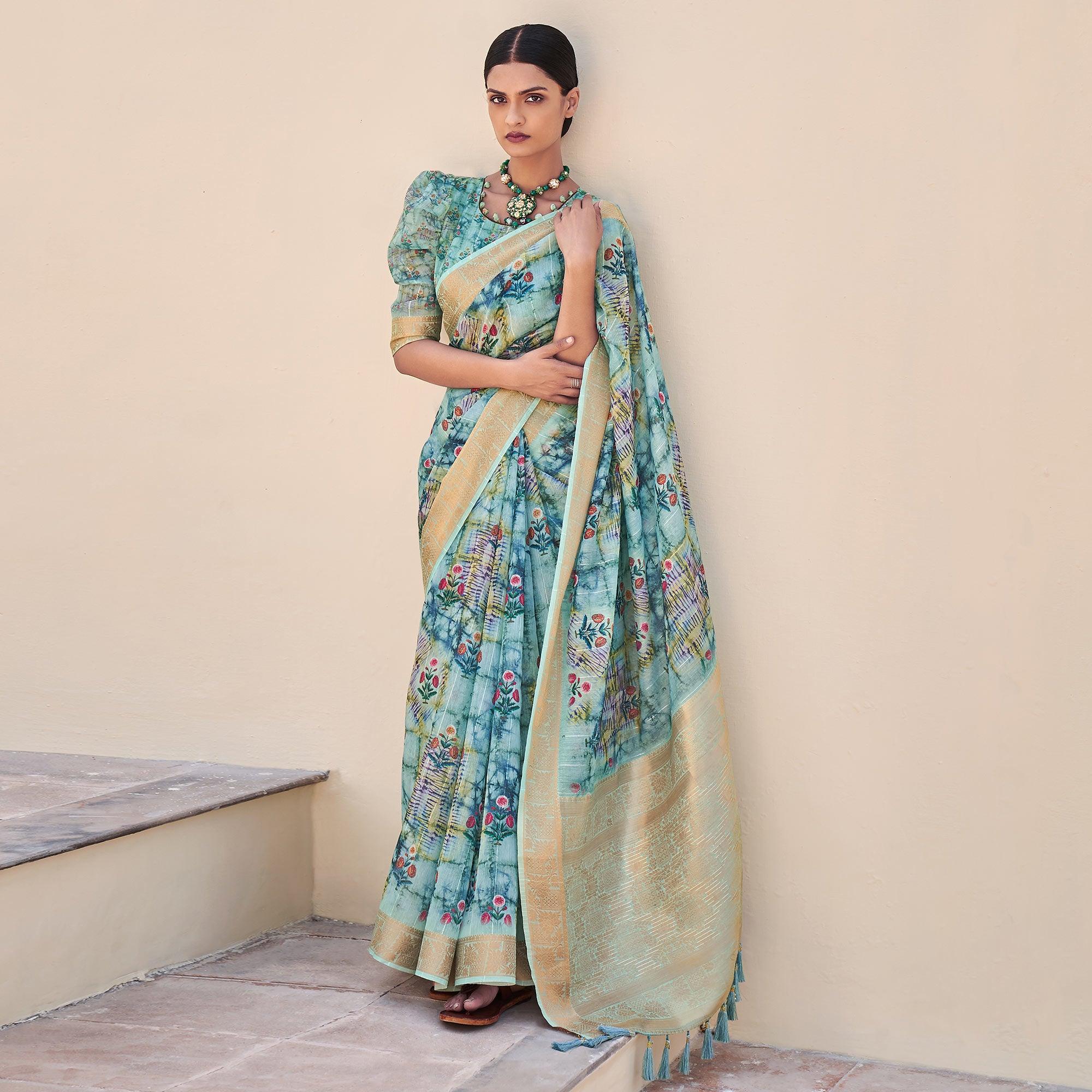 Blue Floral Digital Printed With Sequence Linen Saree - Peachmode