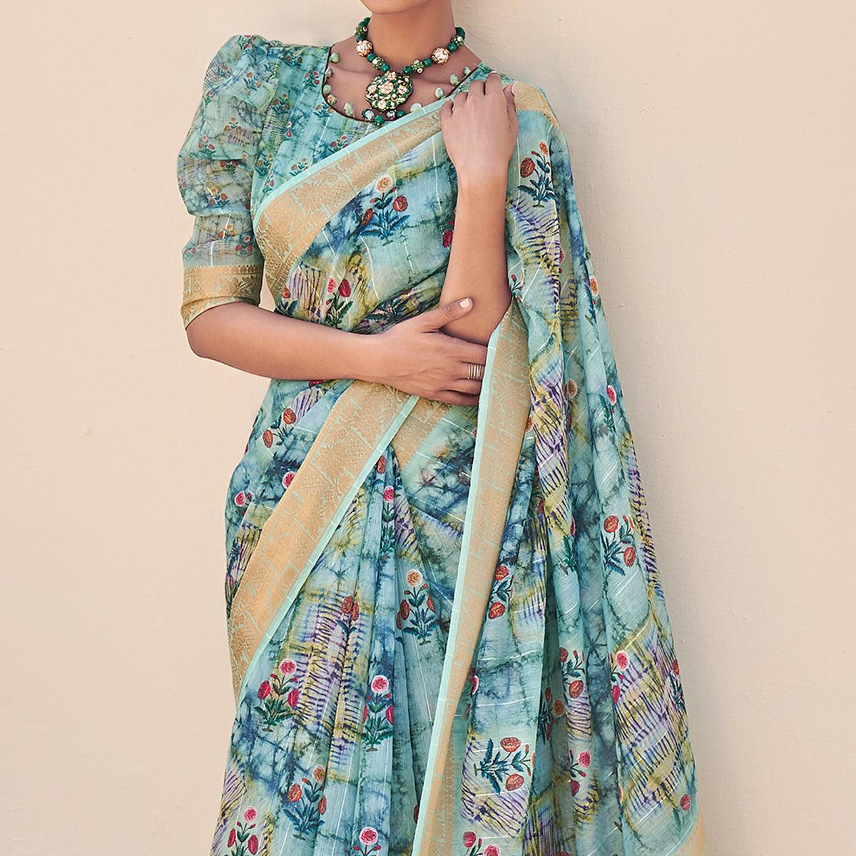 Blue Floral Digital Printed With Sequence Linen Saree - Peachmode