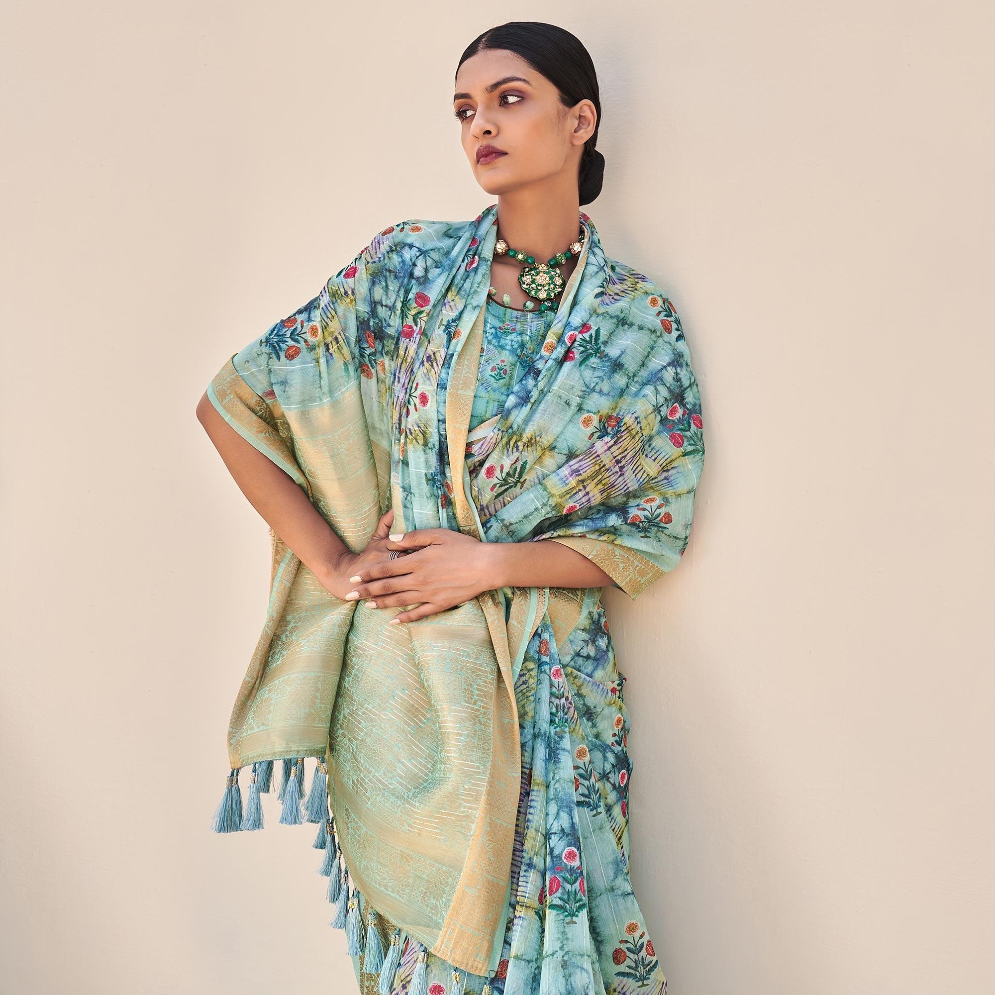 Blue Floral Digital Printed With Sequence Linen Saree - Peachmode