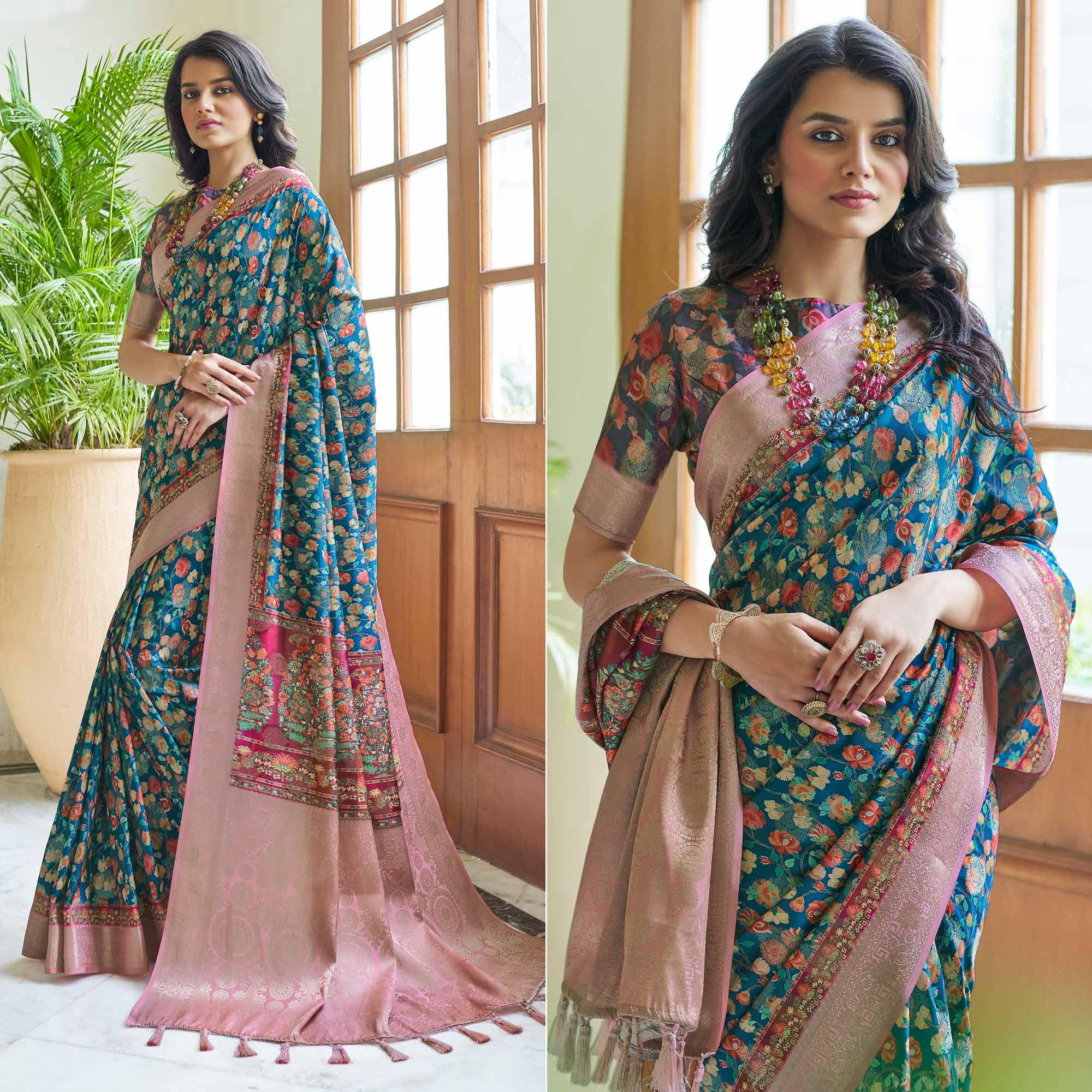 Blue Floral Digital Printed With Woven Border Art Silk Saree - Peachmode