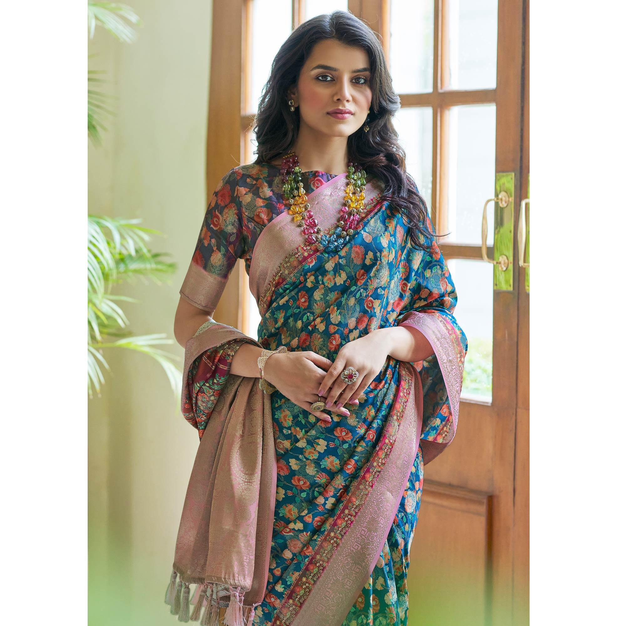 Blue Floral Digital Printed With Woven Border Art Silk Saree - Peachmode