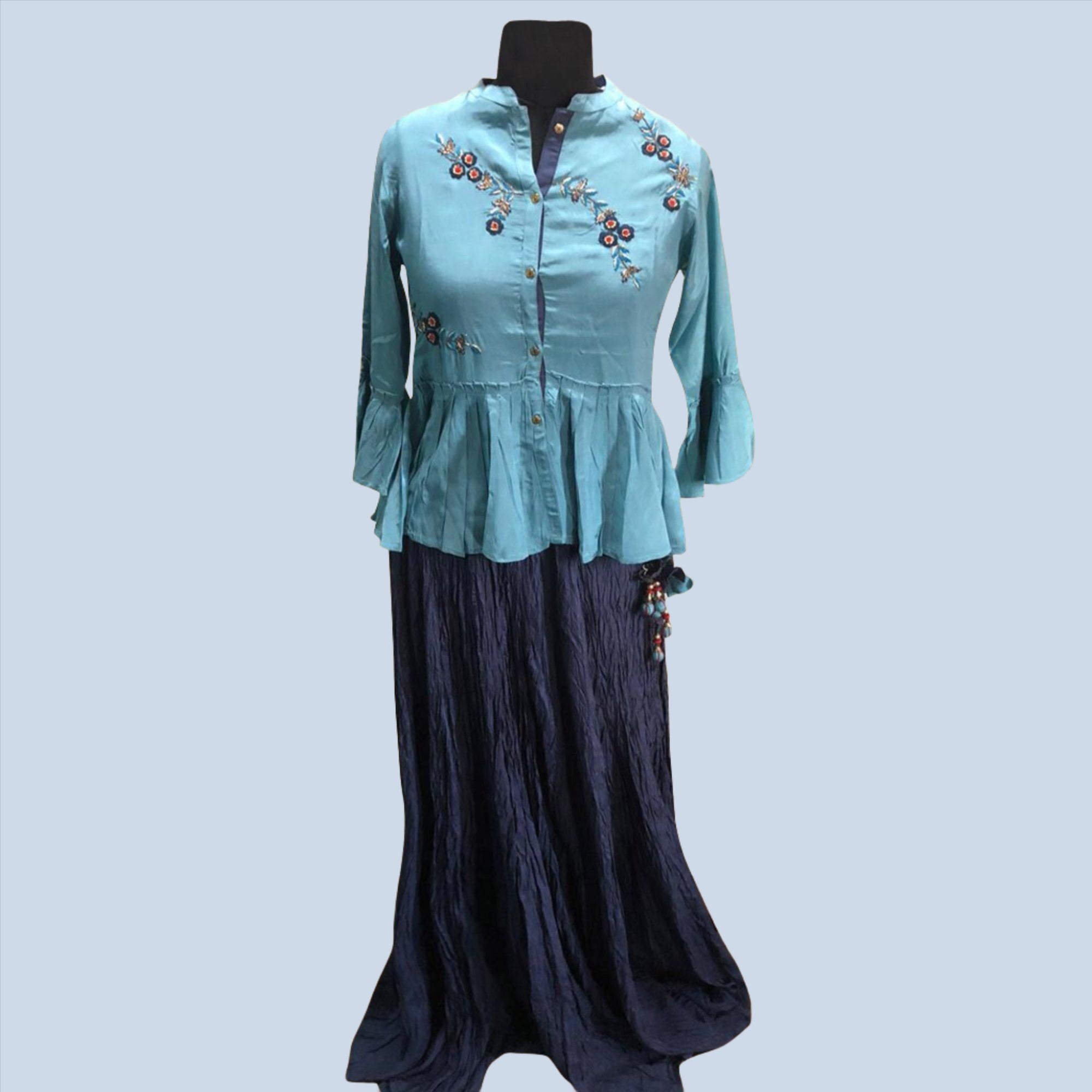 Blue Floral Embroidered Art Silk Skirt Top - Peachmode