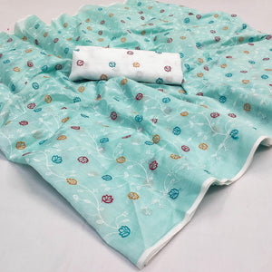 Blue Floral Embroidered Chanderi Saree - Peachmode
