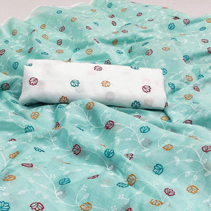 Blue Floral Embroidered Chanderi Saree - Peachmode