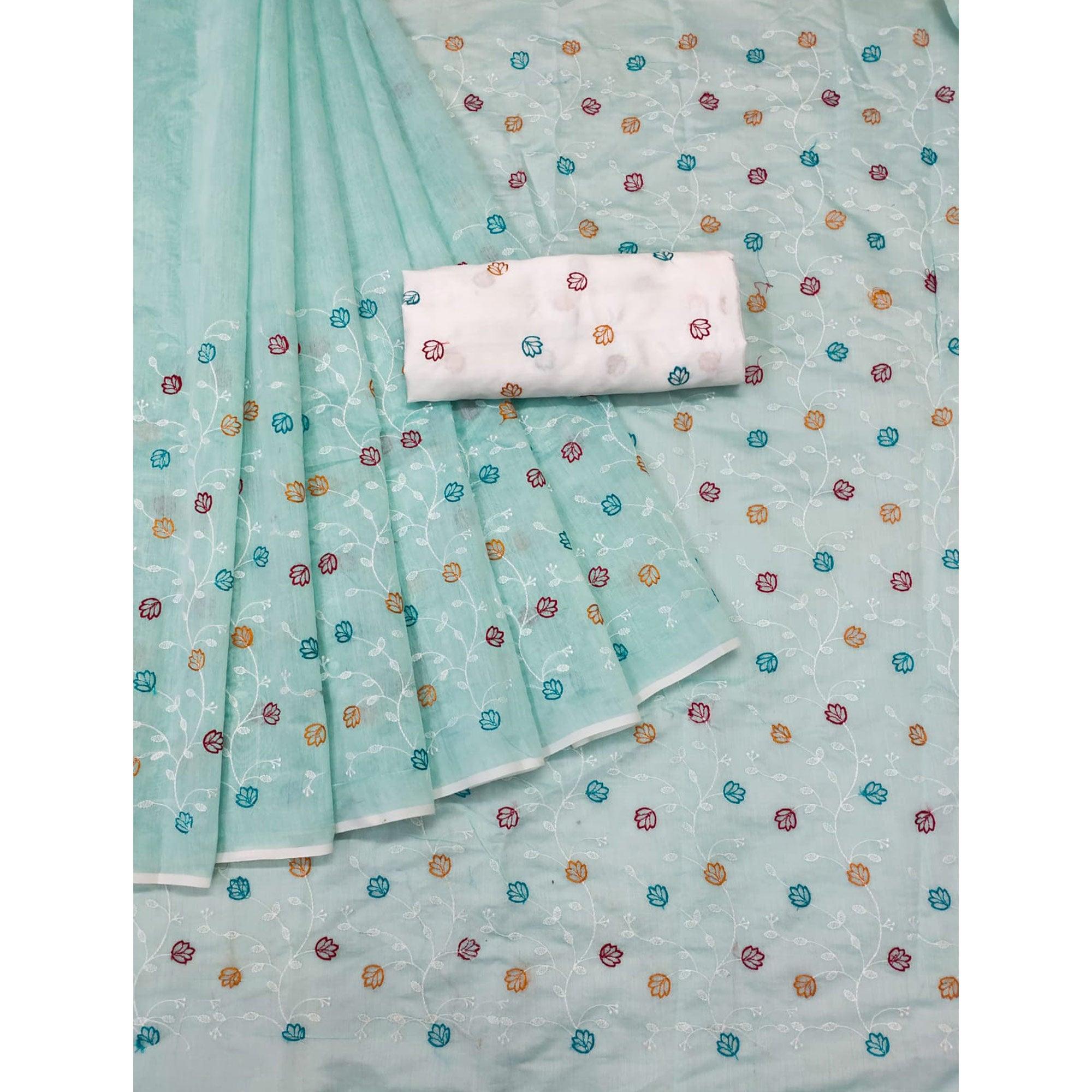 Blue Floral Embroidered Chanderi Saree - Peachmode
