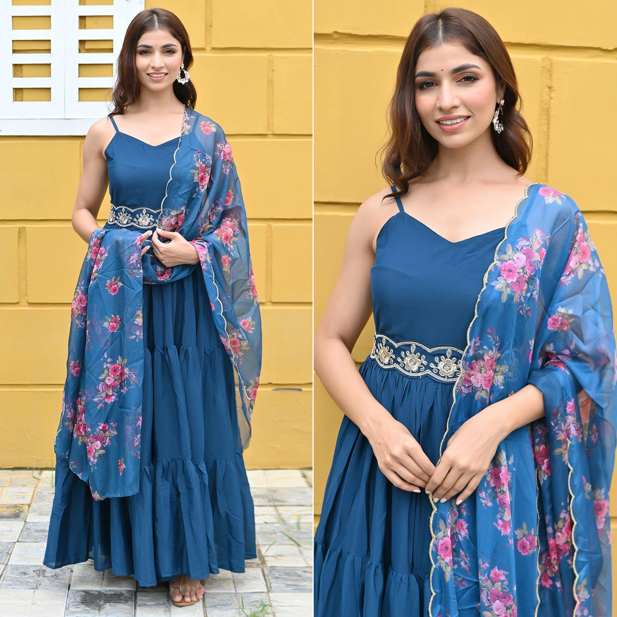 Blue Floral Embroidered Chiffon Gown - Peachmode