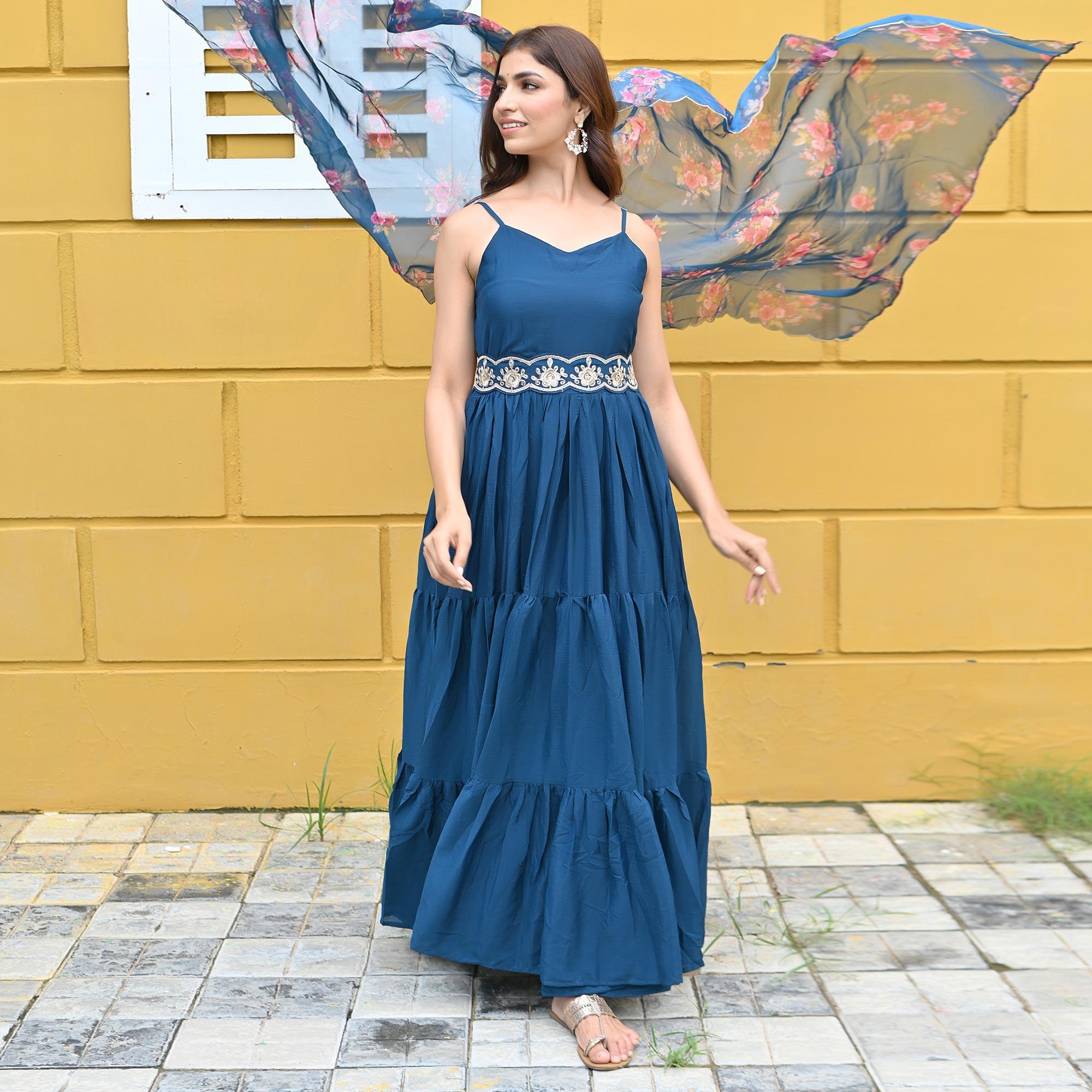 Blue Floral Embroidered Chiffon Gown - Peachmode