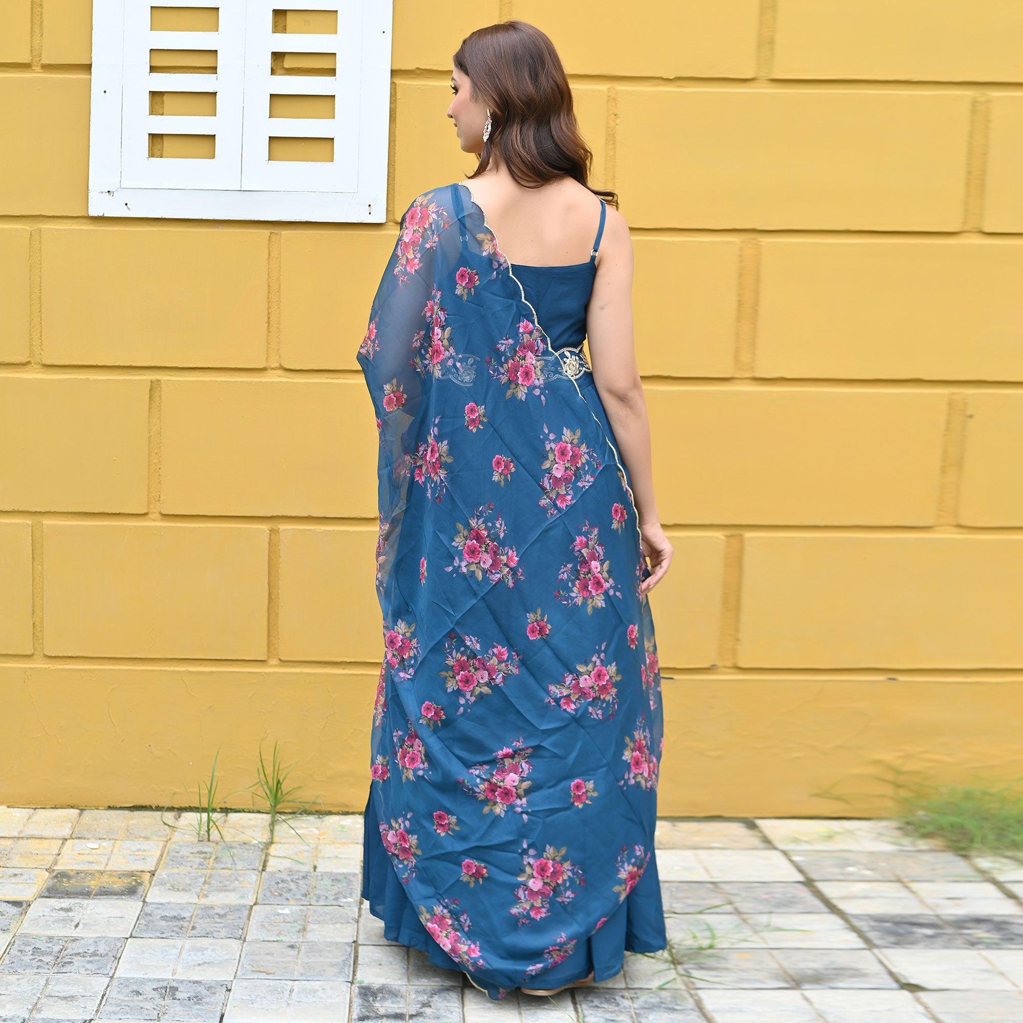 Blue Floral Embroidered Chiffon Gown - Peachmode