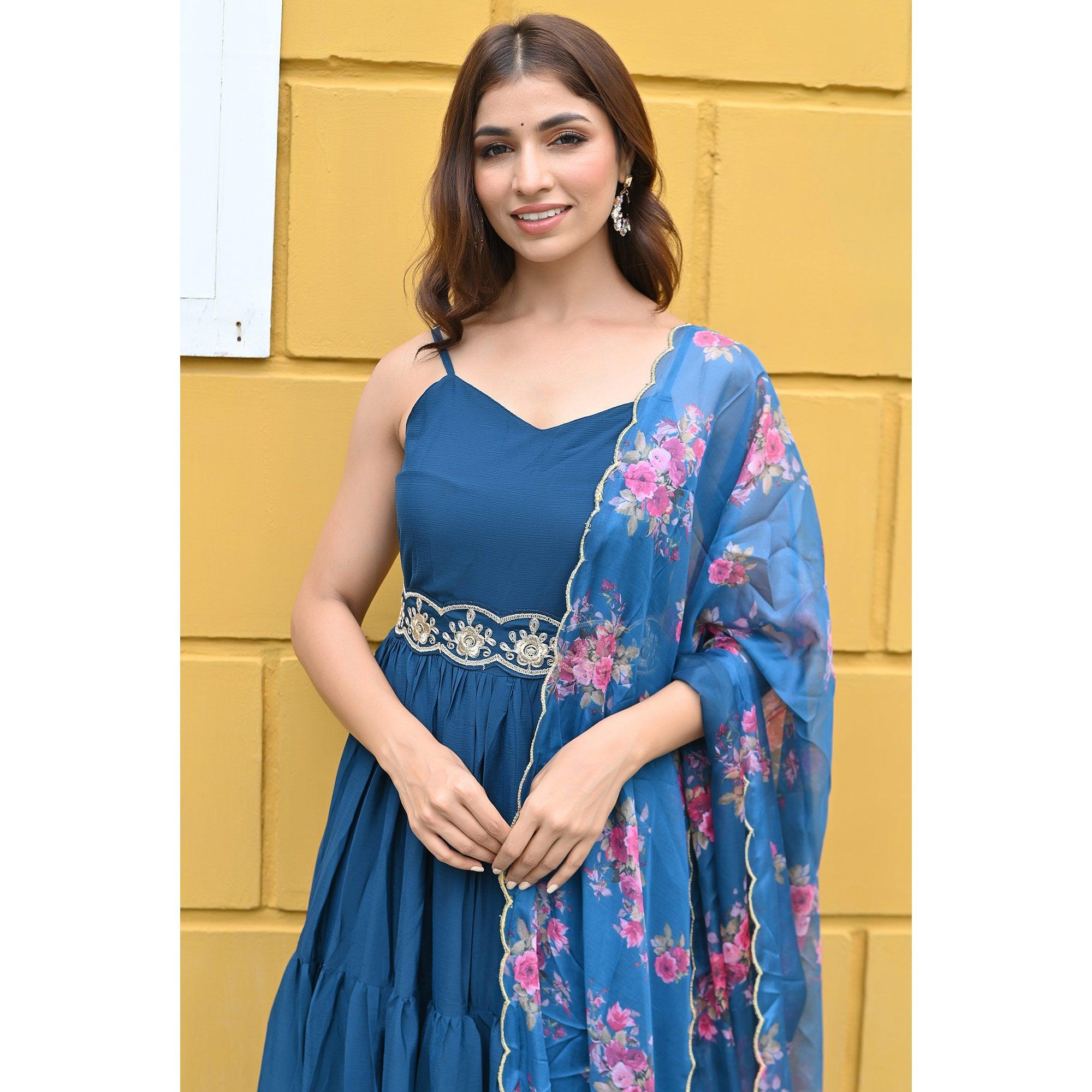 Blue Floral Embroidered Chiffon Gown - Peachmode