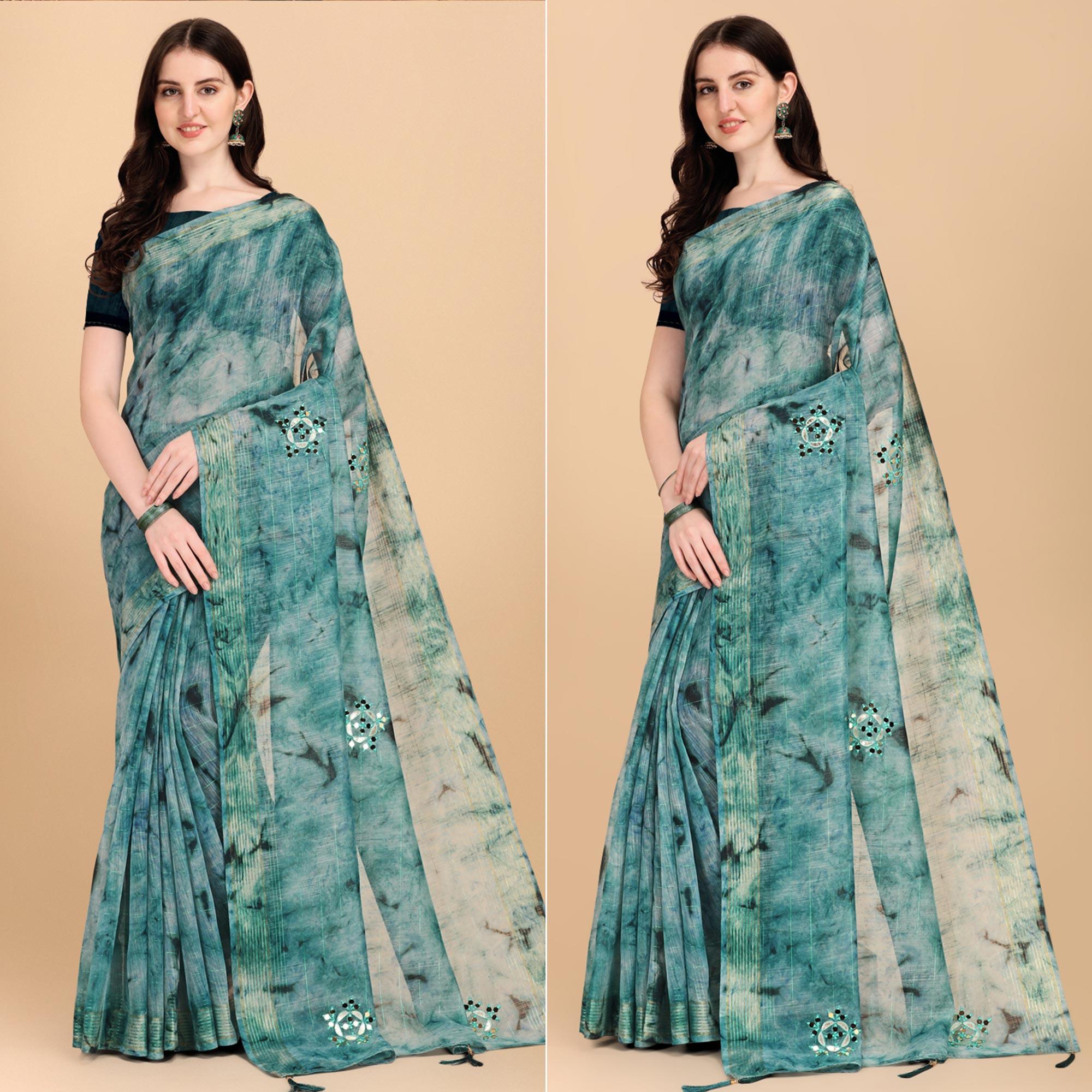 Blue Floral Embroidered Chiffon Saree - Peachmode