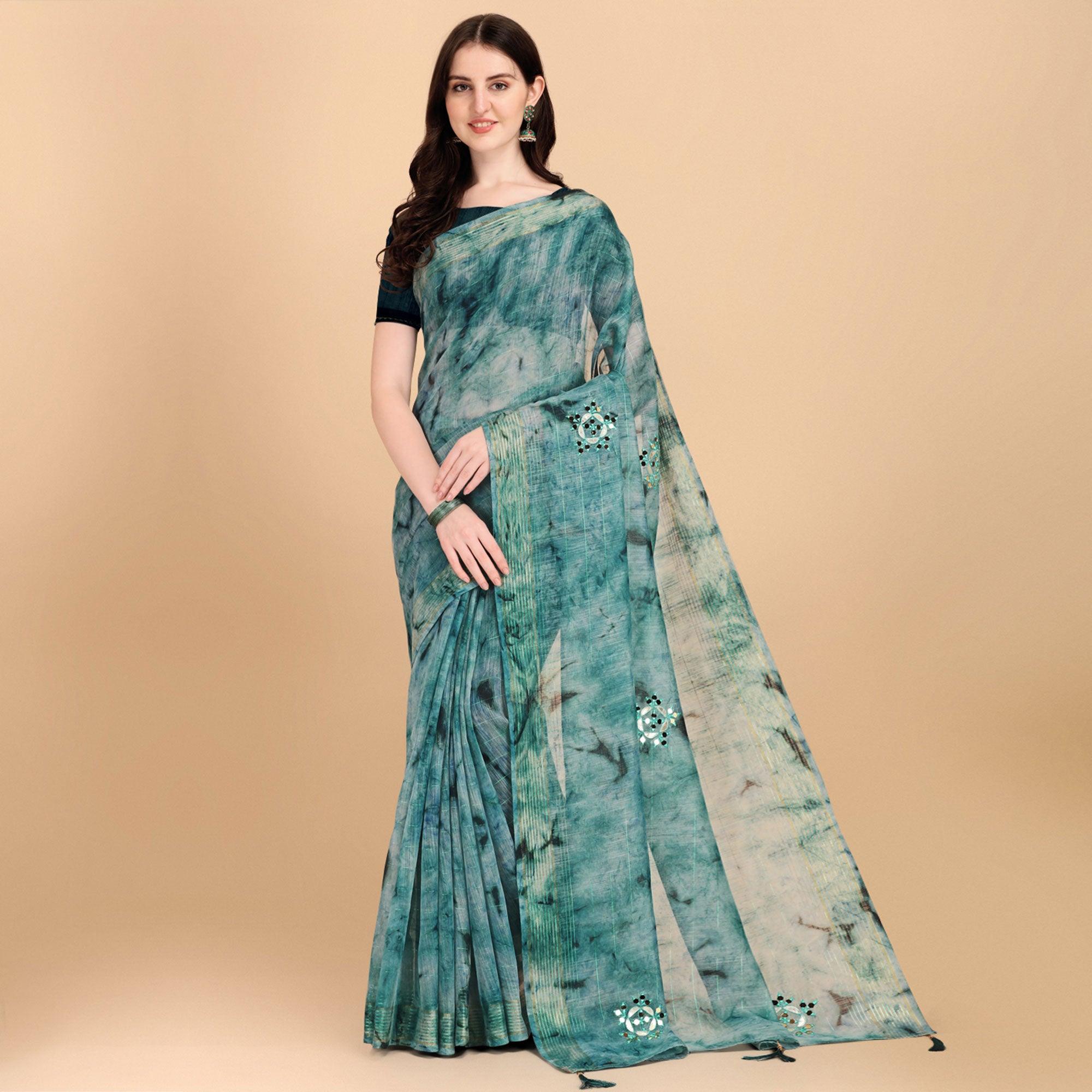 Blue Floral Embroidered Chiffon Saree - Peachmode