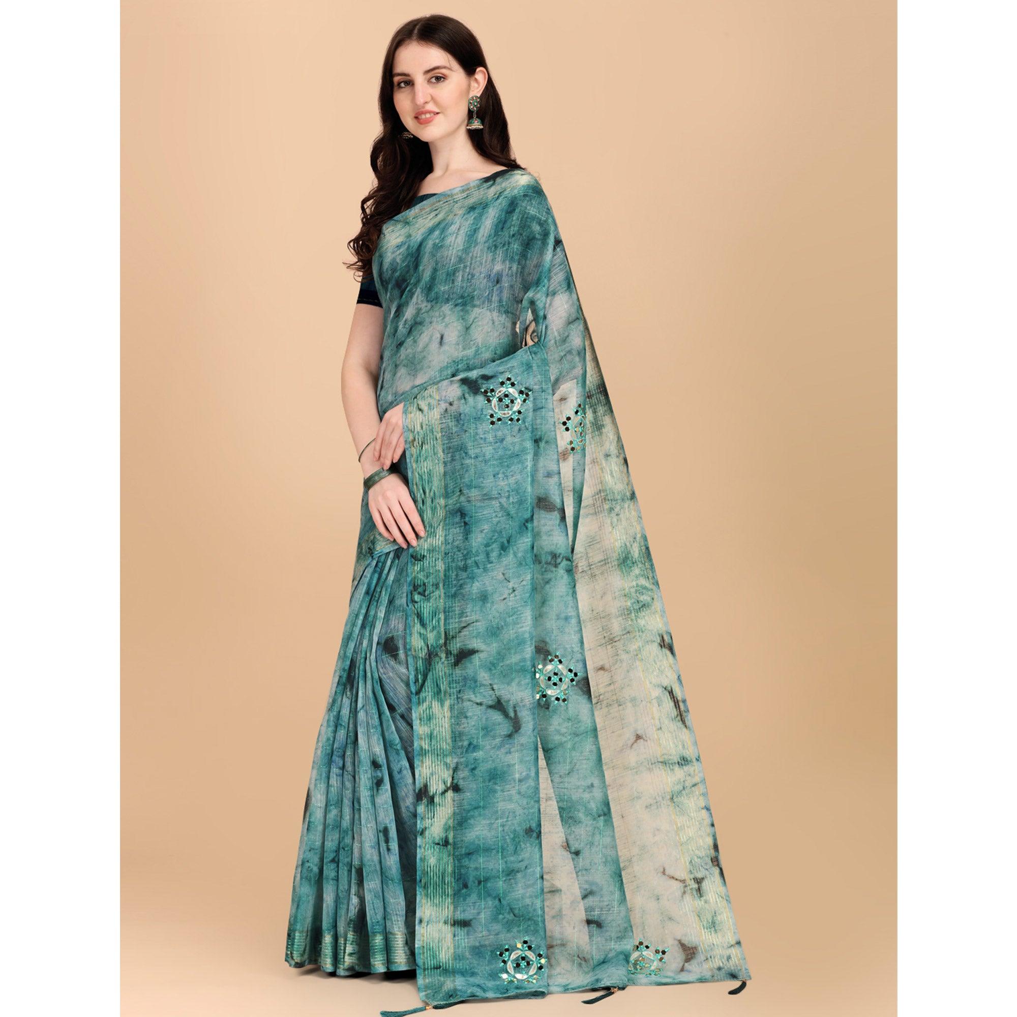 Blue Floral Embroidered Chiffon Saree - Peachmode