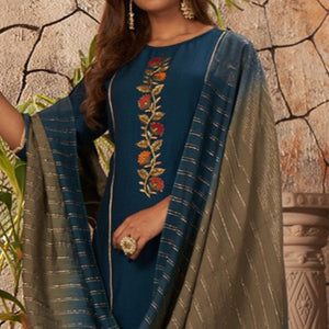 Blue Floral Embroidered Chinon Partywear Suit - Peachmode