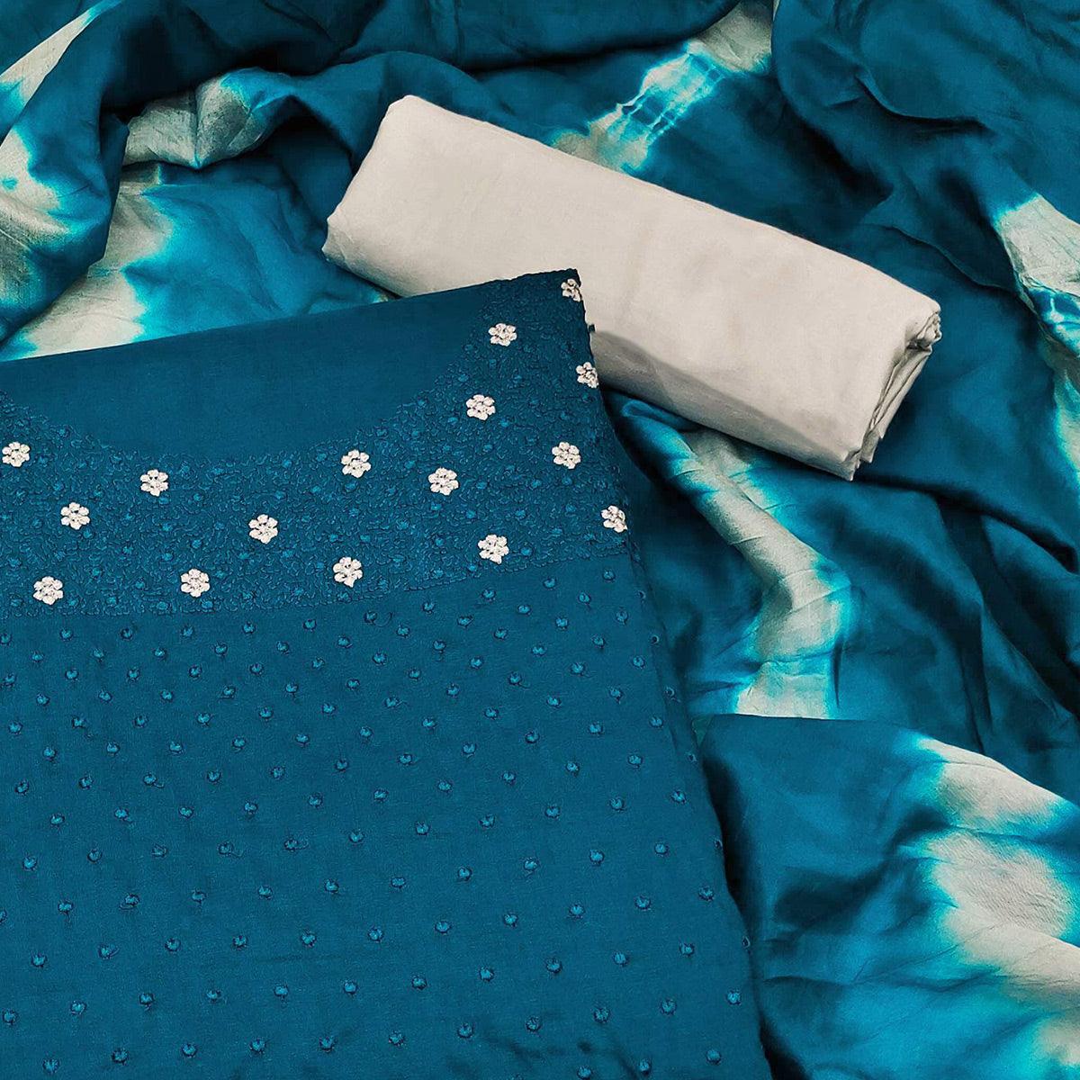 Blue Floral Embroidered Cotton Silk Dress Material - Peachmode