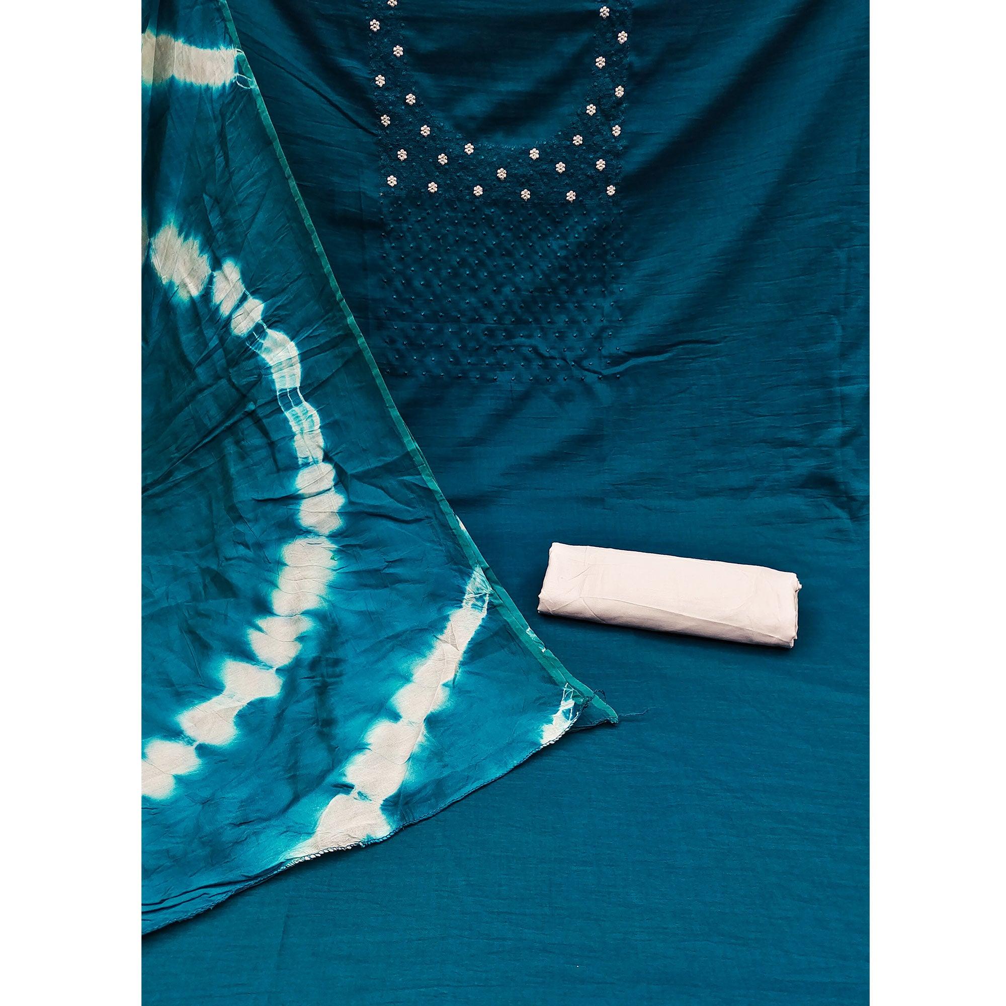 Blue Floral Embroidered Cotton Silk Dress Material - Peachmode