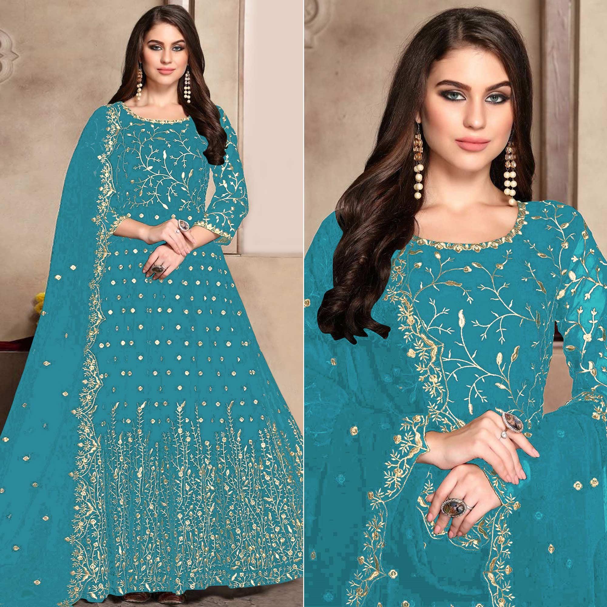 Blue Floral Embroidered Georgette Anarkali Suit - Peachmode