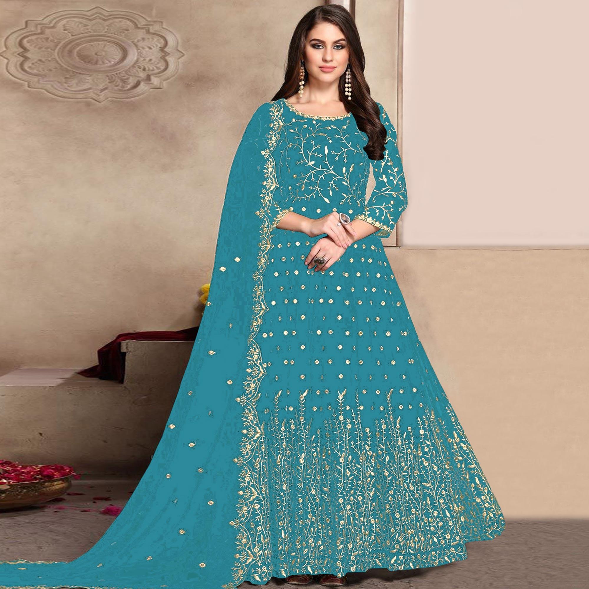 Blue Floral Embroidered Georgette Anarkali Suit - Peachmode