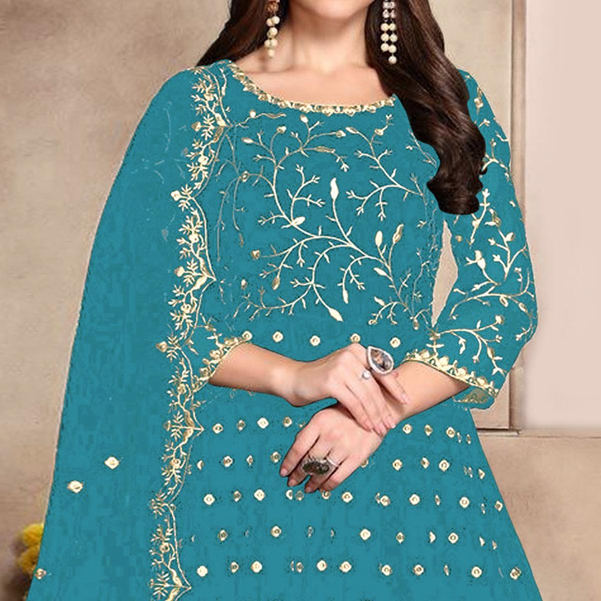 Blue Floral Embroidered Georgette Anarkali Suit - Peachmode